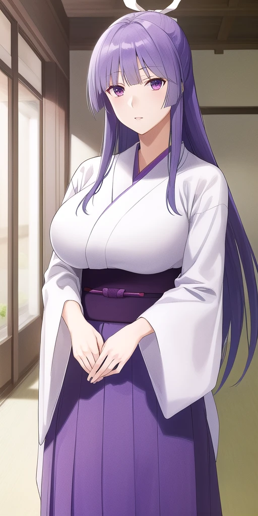 <lora:MiyaV2:0.7> asama_miya, huge_breasts, standing, solo, white_hair hair_ribbon, Miko_White_kimono_Purple_hakama_skirt_Wide_sleeves_Purple_sash, masterpiece, best_quality, detailed_face, detailed_eyes, highres, beautiful, detailed, absurdres,