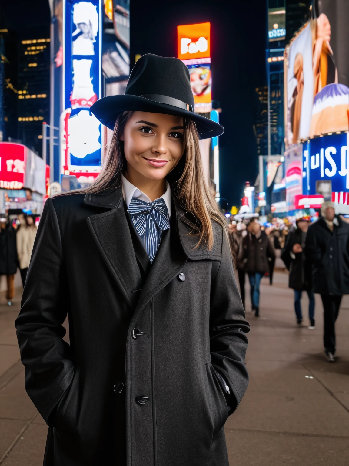 brightemily, cinematic still, portrait, collared shirt, bowtie, coat, cowboy hat, glamour, Times Square, hands in pockets, (looking at viewer), parted lips, teeth, <likenesshelpbyshurik3>:0.7, (film grain):1.7,