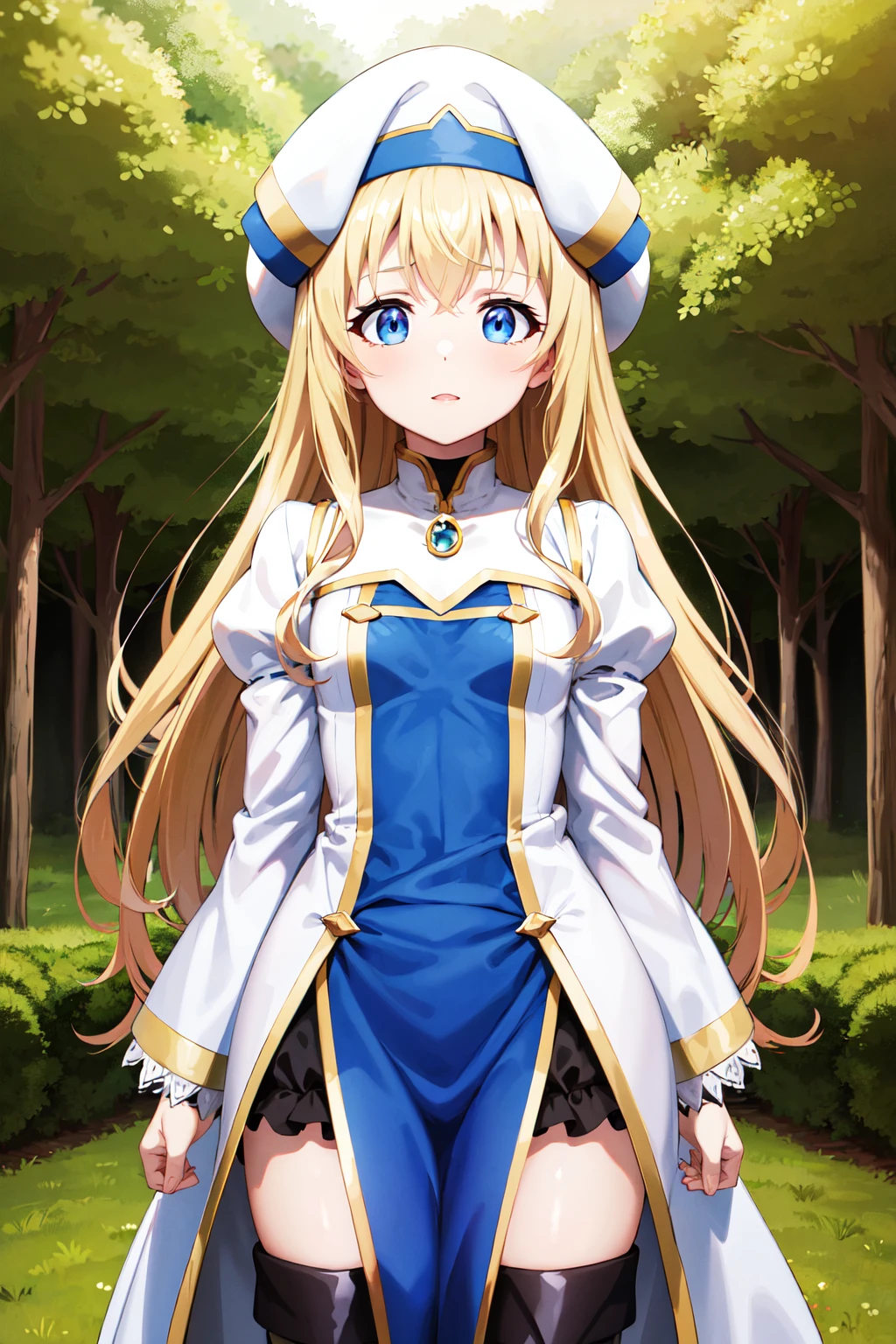 masterpiece, best quality, highres, aapri, long hair, white headwear, small breasts, white dress, puffy sleeves, long sleeves, pelvic curtain, thighhighs, thigh boots, <lora:priestess_(goblin_slayer!)_v1:0.7>, standing, cowboy shot, outdoors