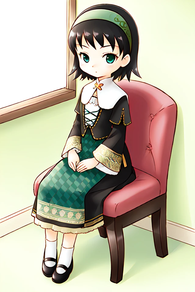 1 girl, indoors, sitting in chair,
<lora:Harvest_Moon_Hero_of_Leaf_Valley_-_Dia:0.6> holvdia, black hair, short hair, green hairband, green eyes,
dress, long sleeves, green dress, black shoes, black skirt, long skirt,