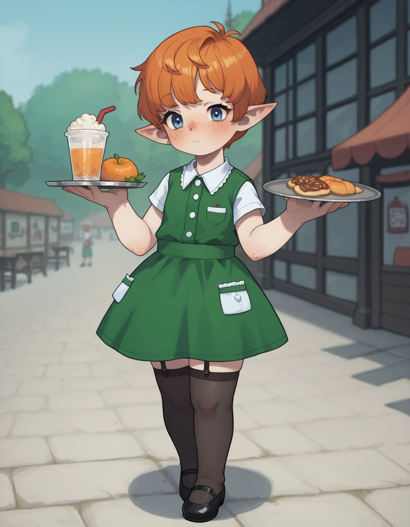 zPDXL, score_9, score_8_up, score_7_up, source_anime,
1girl, solo, waitress wearing Polka dot dress with a Peter Pan collar, nude stockings, black flats, trendy hair barrette, holding a pen and order pad,carrying a tray of drinks and food,  <lora:PossumMachine_v2:0.8> possmach, <lora:Popipi_v1-10:0.8> popipi, lalafell, blue eyes, dark nose, freckles, orange hair, short hair, pointy ears,