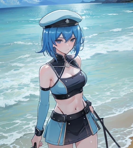 masterpiece, best quality, perfect image, best image, wallpaper, HD, UHD, best lighting, amazing, guard, bikini, blue hair, short hair, beach, sand, ocean, many details, detailed, millitary hat, 