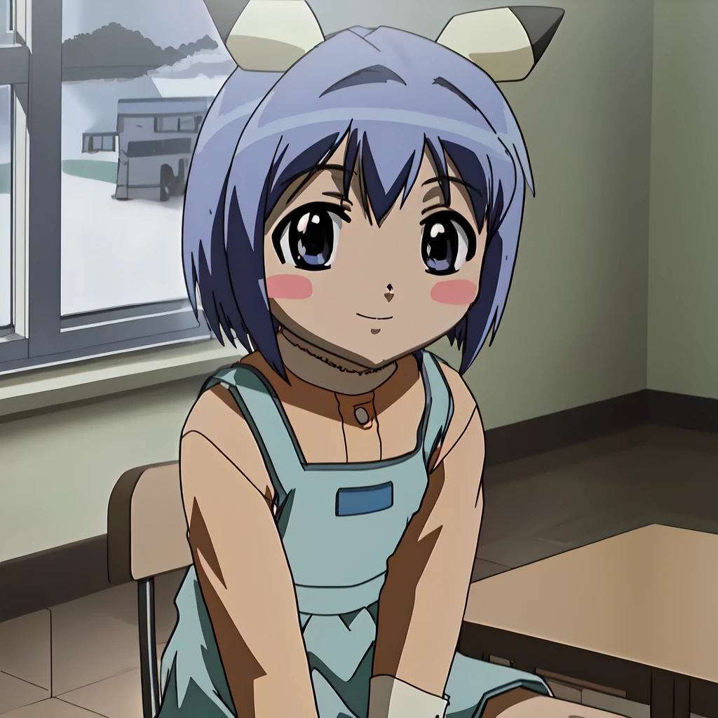 (anime coloring),(masterpiece),(best quality),(ultra-detailed),(best illustration),(best shadow),(absurdres),(detailed background), anime screencap, indoors, living room, window, day, sunlight, <lora:Fuyuno_YoshikawaTA-28:1>FuyunoYoshikawa, short hair, blue hair, animal ears, pikachu, hair ornament, hair intakes, pinafore dress, aqua dress, shirt, light orange shirt, collared shirt, blush stickers, looking at viewer, smile, sitting, sitting, on chair, table