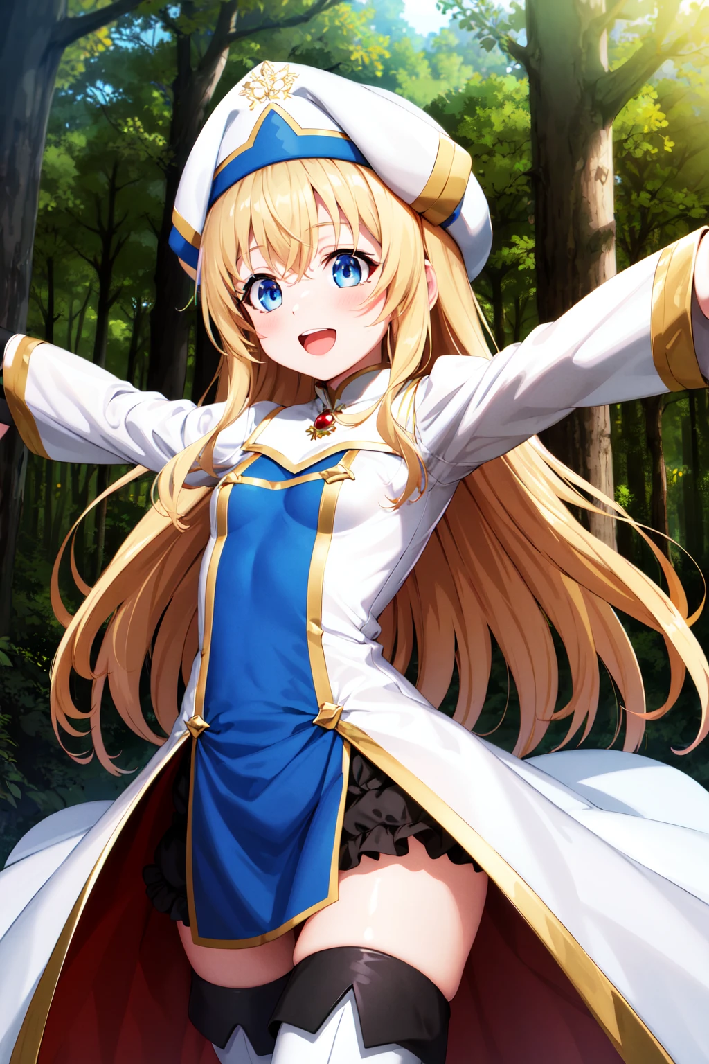 masterpiece, best quality, highres, aapri, long hair, white headwear, small breasts, white dress, puffy sleeves, long sleeves, pelvic curtain, thighhighs, thigh boots, <lora:priestess_(goblin_slayer!)_v1:0.7>, cowboy shot, forest, outstretched arms, smile, open mouth,