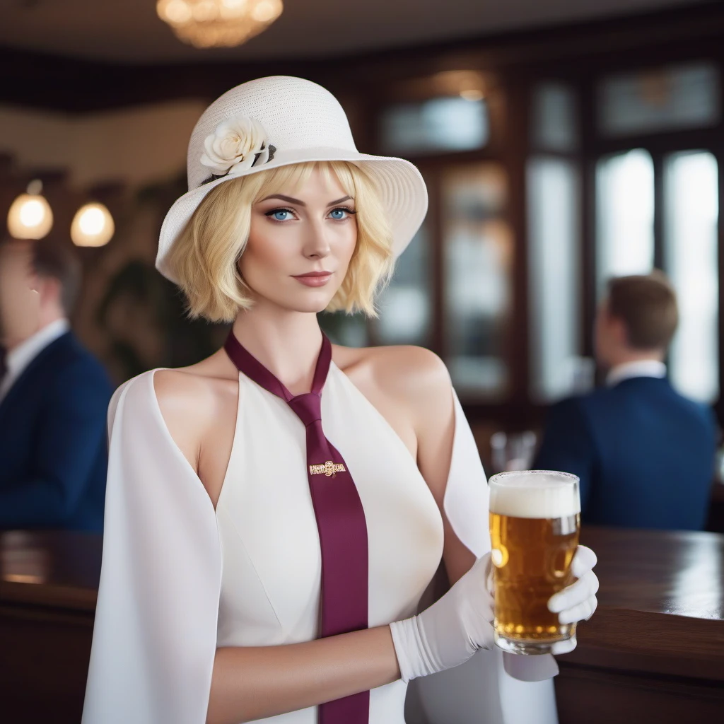 cinematic photo a woman, short blonde hair,  blue eyes, gloves, necktie, white dress, hat flower, handbag, large breast, having a beer in a pub  <lora:Stussy1024:0.8> . 35mm photograph, film, bokeh, professional, 4k, highly detailed