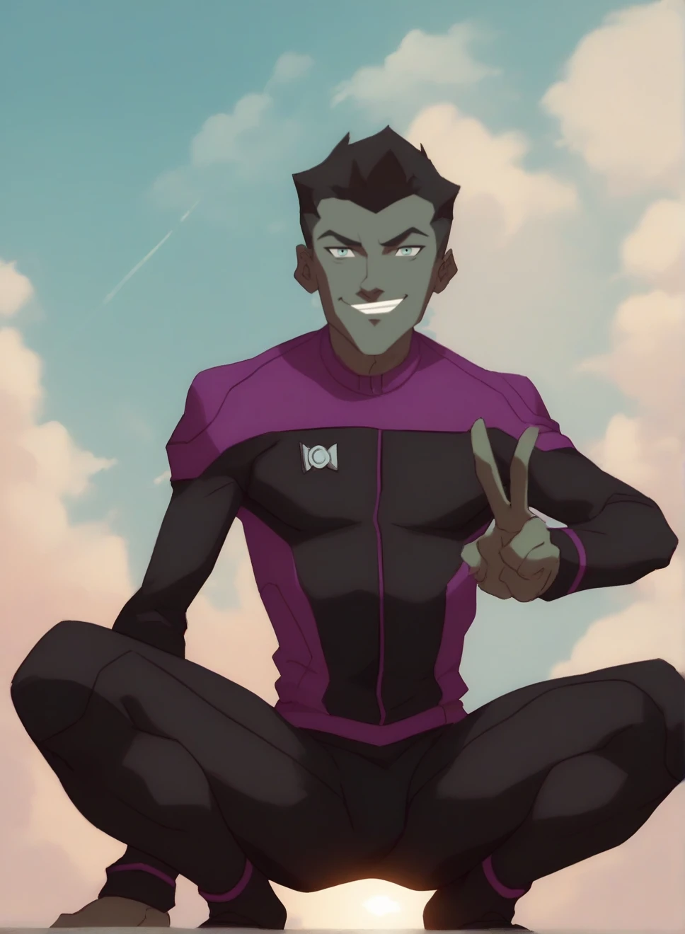 <lora:Beastboy:1>, score_9, score_8_up, score_7_up,  1boy, looking at viewer, beastboy, black bodysuit, outdoors, sky, bodysuit, smirk, sun, clouds, v, squatting, spread legs,