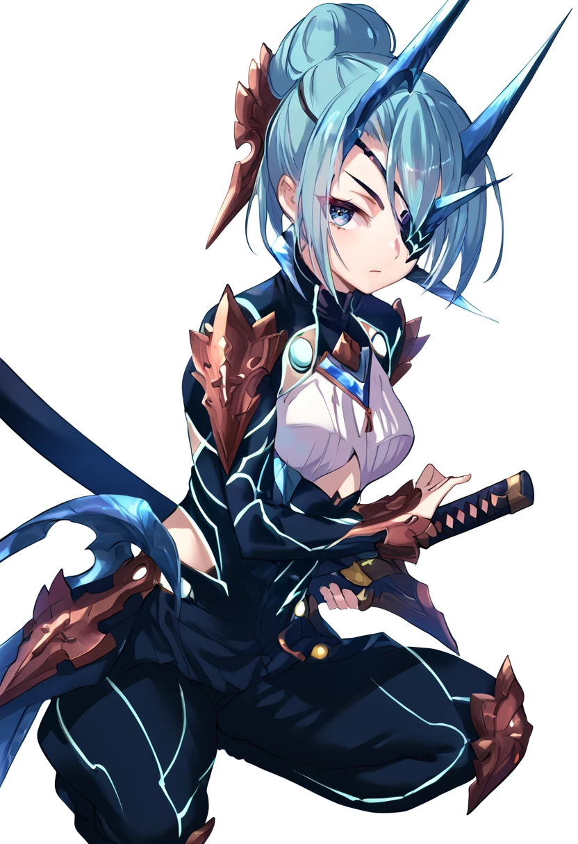 (score_9:0.9),score_8_up,score_7_up,anime style,rating_safe,(zPDXL),<lora:XB2 Theory ponyXL v3:0.9>,Theory,1girl,solo,white background,simple background,small breasts,closed mouth,looking at viewer,black bodysuit,battoujutsu sword stance,sheathed,one knee,<lora:battoujutsu_sword_stance:0.7>,