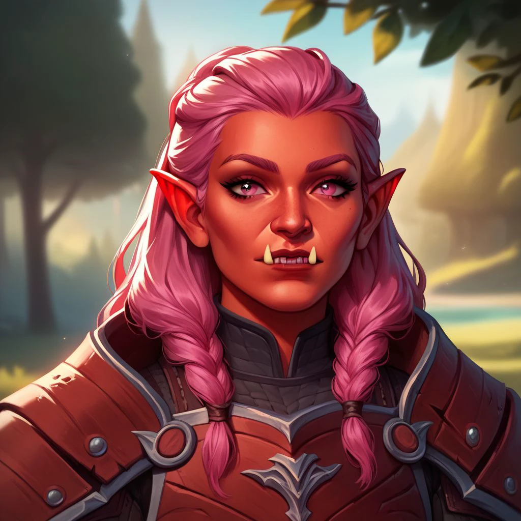 (((beautiful, high quality))), upper body, score_9, score_8_up, score_7_up, solo,
looks at the viewer, 
Hobgoblin, red skin, fangs, big nose, 1girl, pink eyes, long pink hair, armor,
outdoor, fantasy background, nature, blurred background,