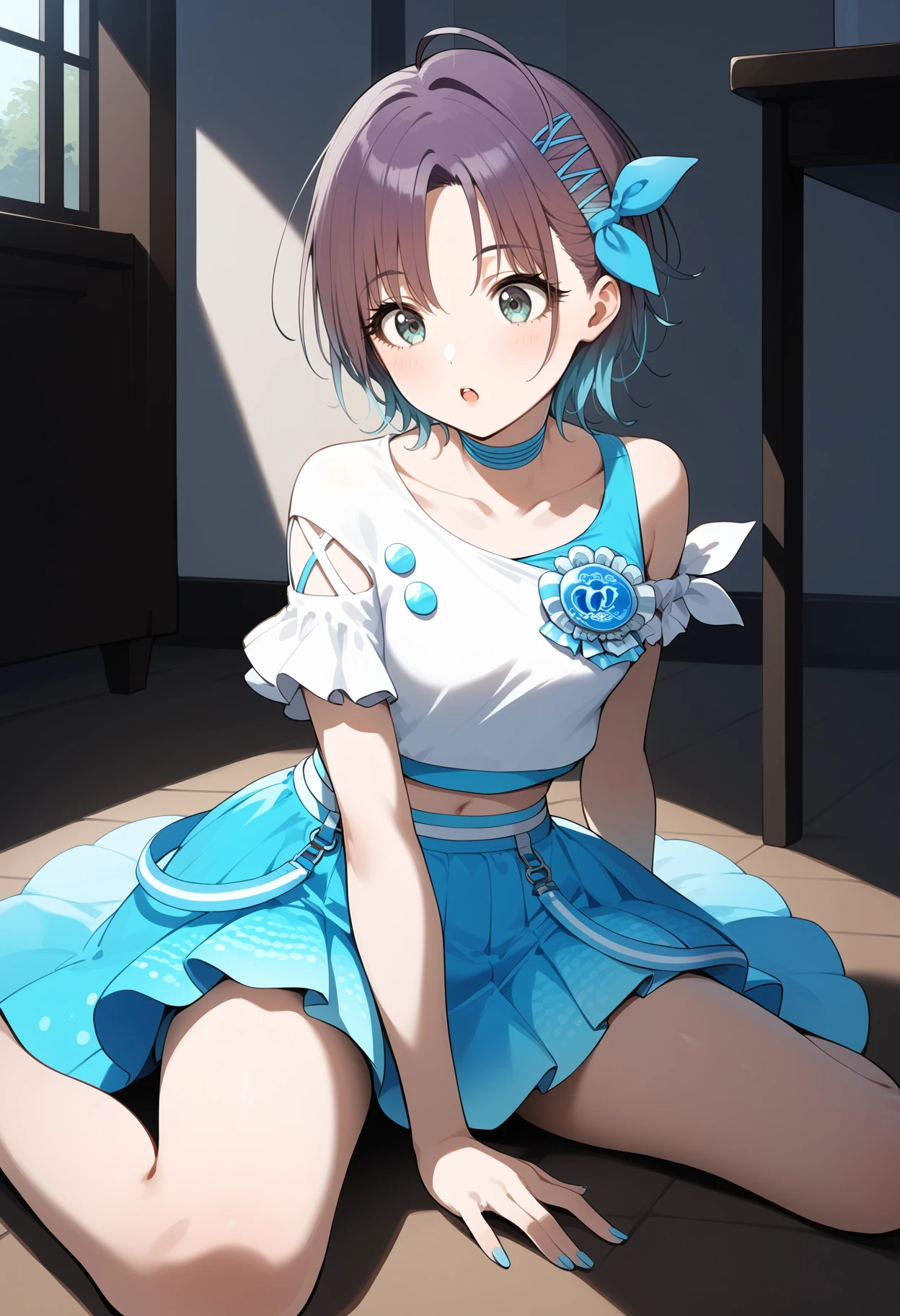 score_9, score_8_up, score_7_up, score_6_up, score_5_up, score_4_up, source_anime, bbtoru, short hair, gradient hair, ahoge, hair ornament, hair ribbon, blue choker, collarbone, idol clothes, white shirt, shoulder cutout, short sleeves, midriff, blue skirt, <lora:asakura_toru_ponyxl_v1:0.9>, on floor, sitting, indoors, surprised,