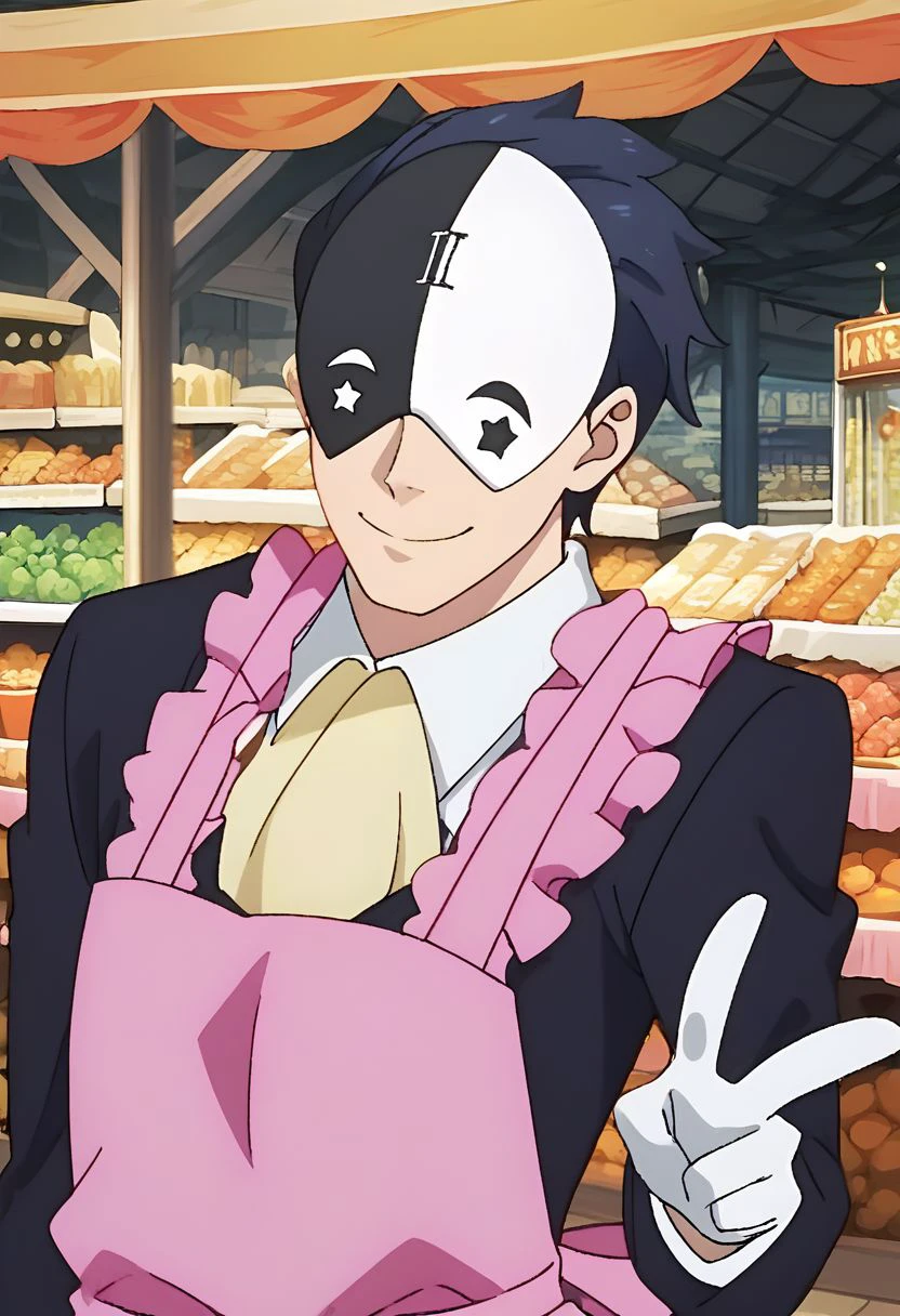 official style, score_9, score_8_up, score_7_up, source_anime, rating_safe, anime screencap, 1boy, vanir, male focus, ascot, closed mouth, smile, long sleeves, white gloves, upper body, black eyes, black hair, black jacket, looking at viewer, pink apron, hand up, v over eye, formal, suit, collared shirt, white shirt, at a market outdoors, market stalls, empty market,