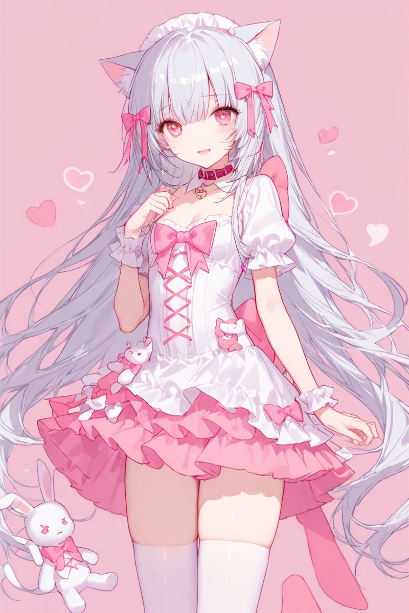 masterpiece, best quality, perfect features, (hitenkei, askzy:0.4), 1girl, solo,pink skirt,white skirt, thighhighs,dress, stuffed bunny, light smile,  looking at viewer, smile, open mouth, hearts,simple background,   animal ears, collar, cat ears, animal ear fluff, pink eyes, heart,heart-shaped pupils, maid headdress, hair bow, <lora:Nyarutoru_xl:0.8>