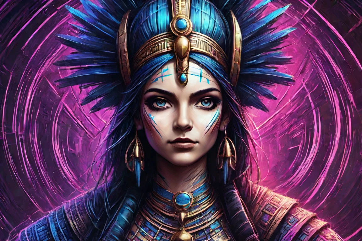 a female figure with bright blue skin, reminiscent of the iconic Egyptian queen Cleopatra. She wears an intricately designed royal headdress decorated with hieroglyphs, a necklace around her neck, and earrings on her ears. The background is a gradient of pinks and purples, adding to the neon aesthetic of the entire composition. The figure's look is intense, and the makeup is highlighted with bold, bright eyeshadow and dark eyeliner.