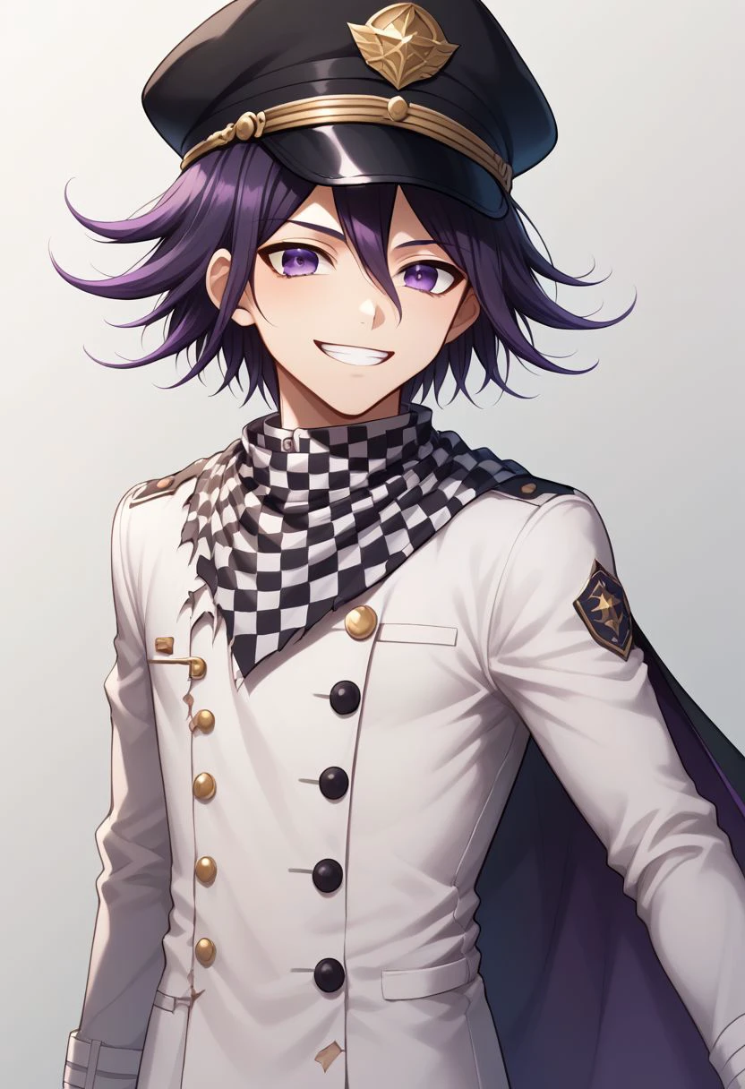 score_9, score_8_up, source_anime, highly detailed, 1boy, solo, skinny, cute, short,
kokichi, male focus, 1boy, solo, smile, checkered clothes, checkered scarf, grin, scarf, purple eyes, bangs, straitjacket, purple hair, upper body, 
cape, hat, torn cape, peaked cap,
indoor,