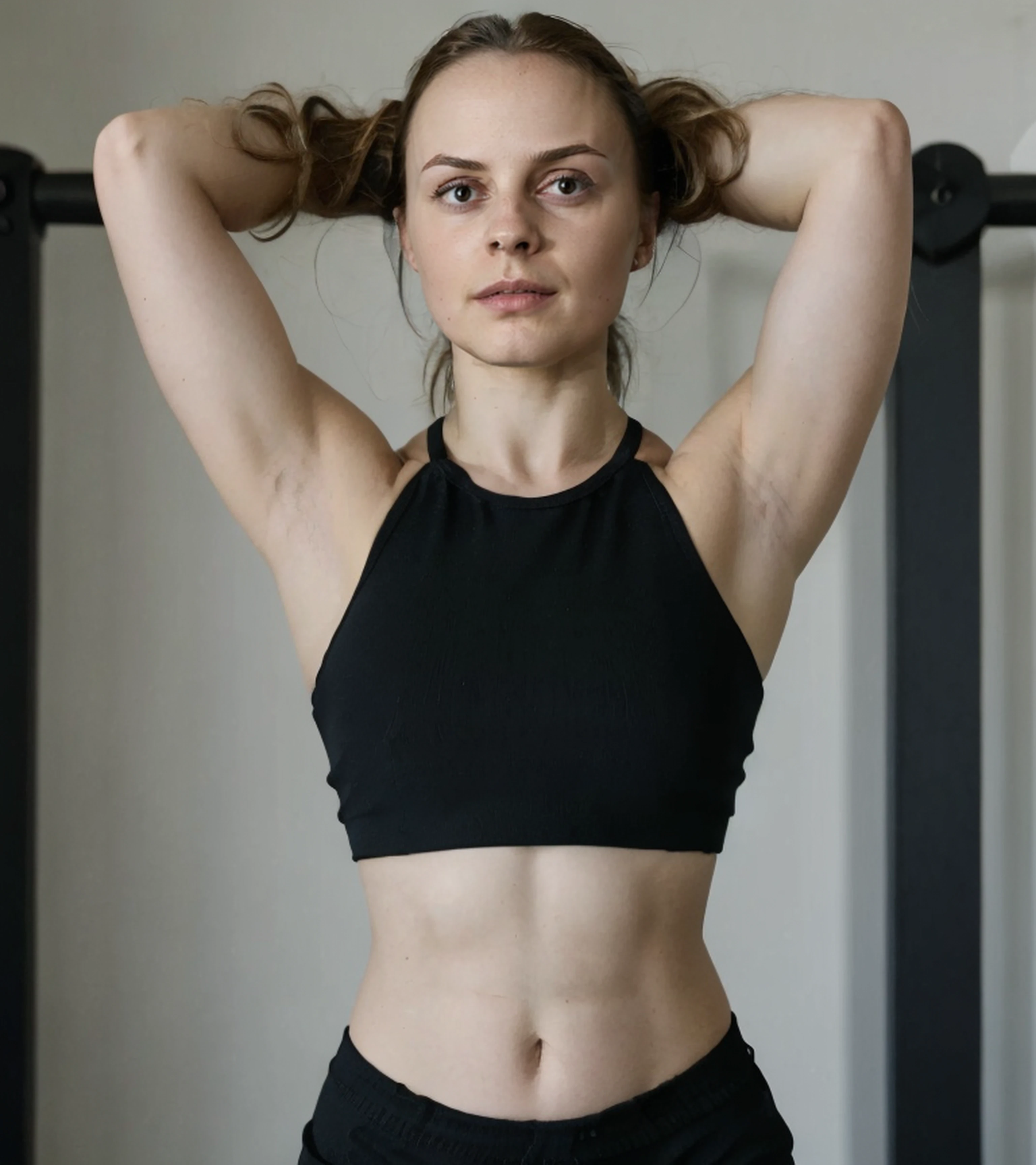 absurdres ultrarealistic intricately detailed professional photograph of 
<lora:Sports Bra & Gym Shorts By Stable Yogi:1> sports bra, gym shorts with her arms raised above her head and bent forward, view from behind,
<lora:AnastasiaProninaSD:1>