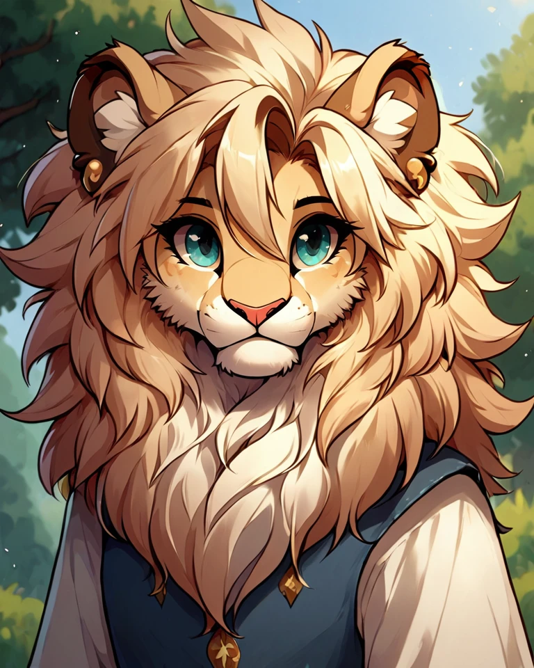 score 9, score 8 up, 1girl, masterpiece, <lora:MegaFluffyPony:1> megafluffypony, fluffy, furry, Lion, medium shot, outdoors, clothes