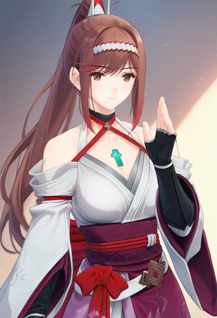 score_9, score_8_up, score_7_up, 1girl, solo, halterneck kimono, ribbon, black choker, wide sleeves, white belt,pink skirt, fingerless elbow gloves, cowboy shot, brown eyes, hairband, chest jewel, glimmer, ponytail, looking at viewer<lora:glimmer xl 044 fro 999:1>