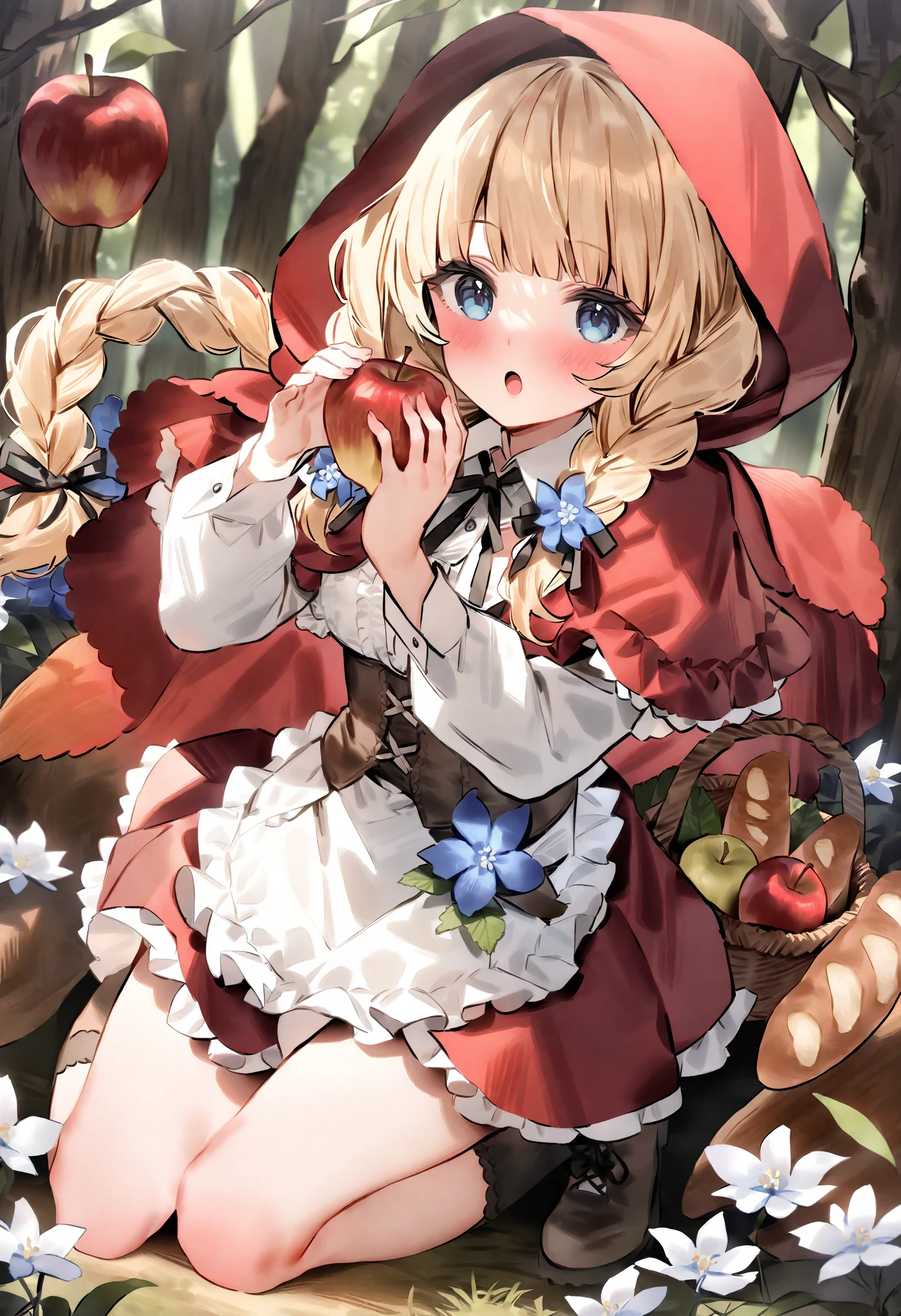 <lora:Animagine_Style6559515941-000210:1>, 1girl, apple, fruit, solo, red apple, basket, flower, braid, blonde hair, hood, twin braids, holding food, apron, little red riding hood (grimm), blue eyes, white shirt, bread, long hair, red skirt, hood up, blue flower, brown footwear, long sleeves, open mouth, looking at viewer, hair flower, white apron, waist apron, holding fruit, black socks, boots, shoes, full body, hooded capelet, hooded cloak, :o, collared shirt, black ribbon, pink flower, hooded cape, cape, cloak, neck ribbon, red cape, twintails, hands up, kneehighs, red capelet, frilled apron, ribbon, holding basket, capelet, frills, white flower, dress shirt, black footwear, blush, corset, red cloak, puffy sleeves, hair over shoulder, kneeling, very long hair, baguette, blunt bangs, puffy long sleeves, brown socks, red flower, forest, masterpiece, best quality, very aesthetic, absurdres