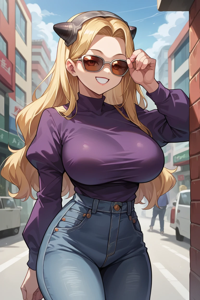 score_9, score_8_up, score_7_up, score_6_up, source_anime BREAK 1girl, solo,  <lora:dsminami-pdxl-nvwls-v1-000005:1> hokutozai minami, blonde hair, fake horns, hairband, large breasts, purple shirt, long sleeves, puffy sleeves, sunglasses, jeans, city, smile