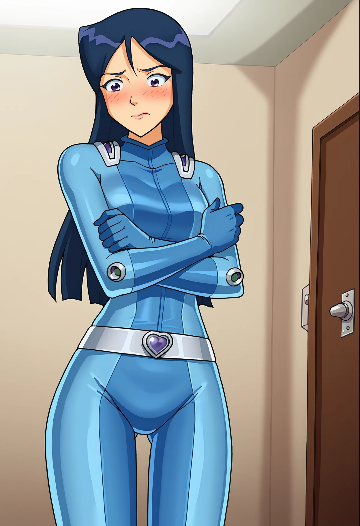 score_9, score_8_up, score_7_up, BREAK source_anime, 1girl, solo, britney \(totally spies\), long hair, blue hair, purple eyes, blue bodysuit, belt, full-face blush, wariza, fitting room <lora:hskc-britney-pony-v0.5:1>