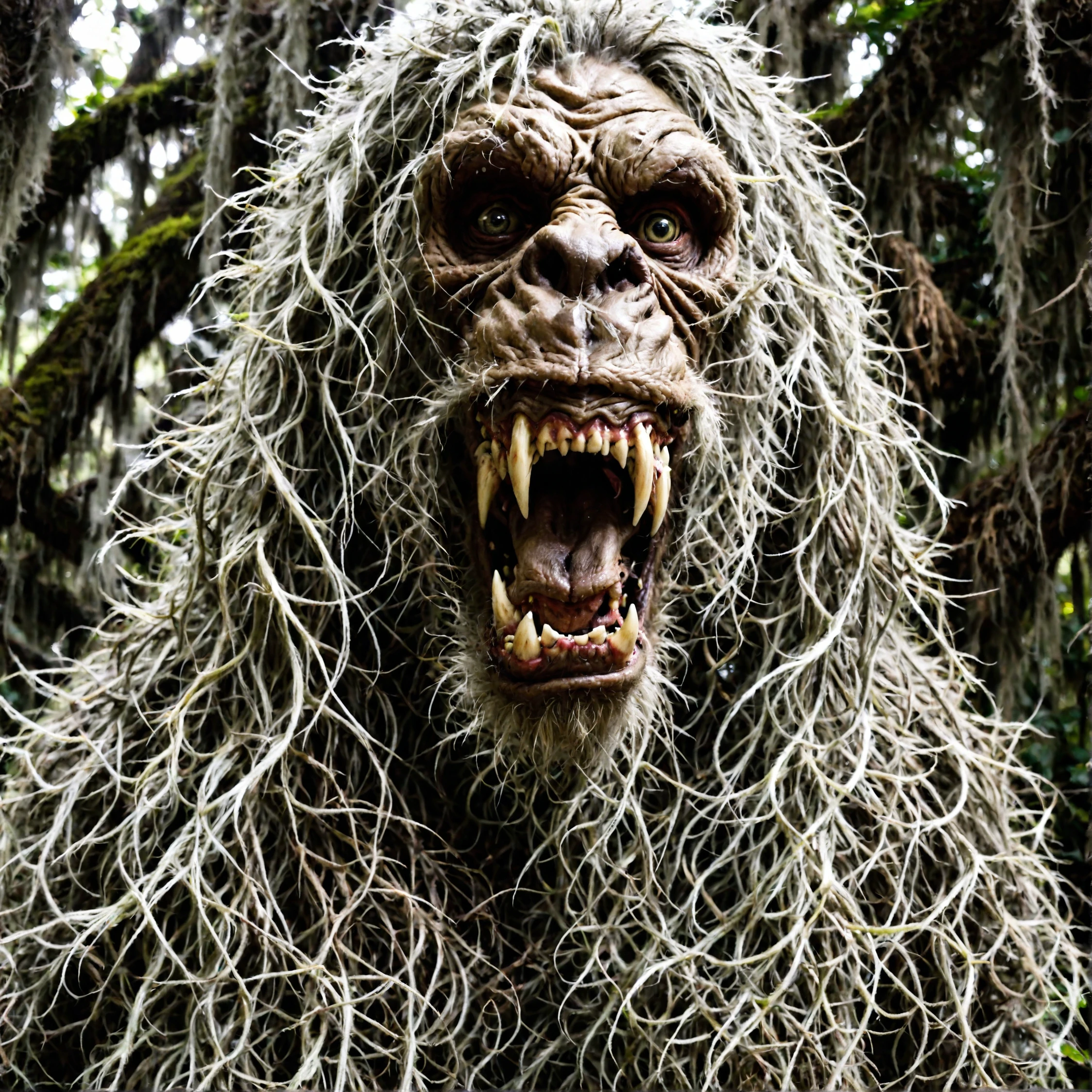 <lora:spanish_moss:0.7>, hair with spanish moss, Sasquatch, (spanish moss hair), fangs, feral snarl, grey eyes, haggard face, wrinkles, wild unkempt hair with spanish moss, soft lighting, highly detailed masterpiece,