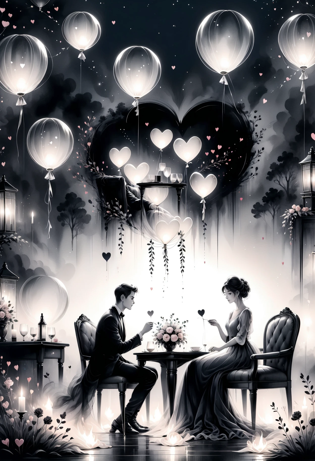 DonMN0c7urn4l1nkXL ink,valentines day, romantic, intimate, balloons, love knot, quiet countryside inn, elegant dinner at a fancy restaurant, soft lantern glow   <lora:DonMN0c7urn4l1nkXL:1>