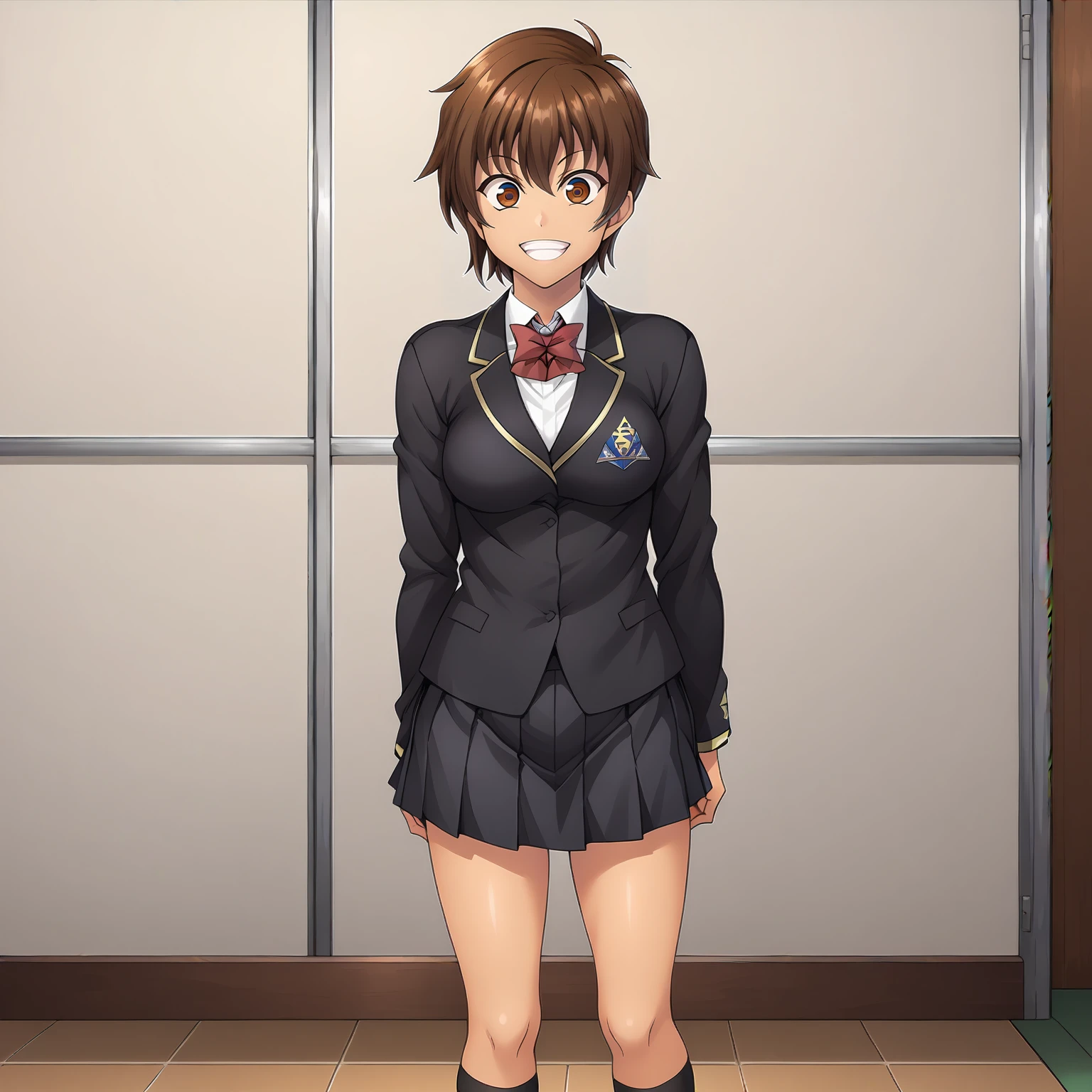 <lora:NagisaFujimaXLpony001>,
grin,
solo,
NagisaFujima,1girl,brown hair,short hair,brown eyes,tan,
school_uniform,black blazer,red bowtie,
pleated_skirt,black skirt,
black socks,
full body,standing,