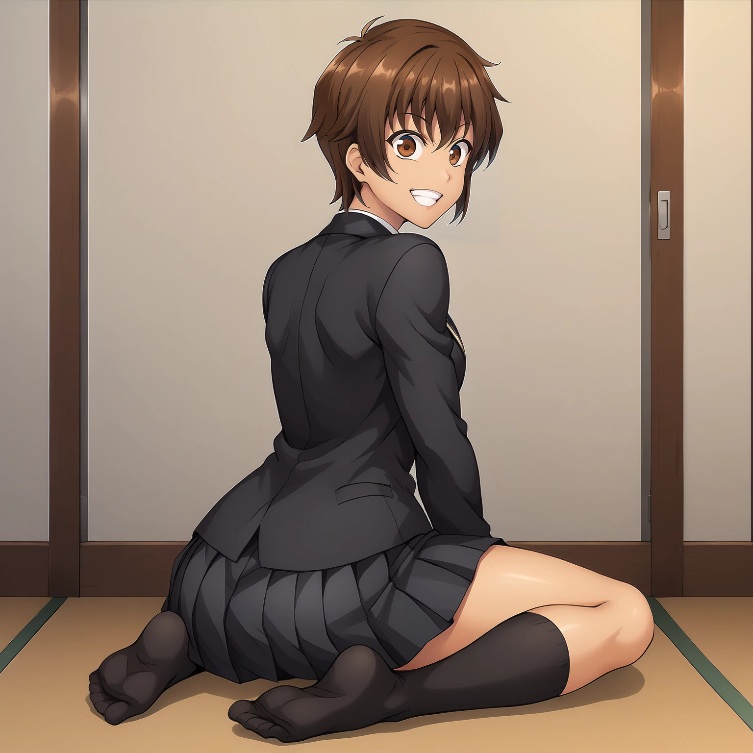 <lora:NagisaFujimaXLpony001>,
grin,
solo,
NagisaFujima,1girl,brown hair,short hair,brown eyes,tan,
school_uniform,black blazer,
pleated_skirt,black skirt,
black socks,
full body,looking back,sitting,