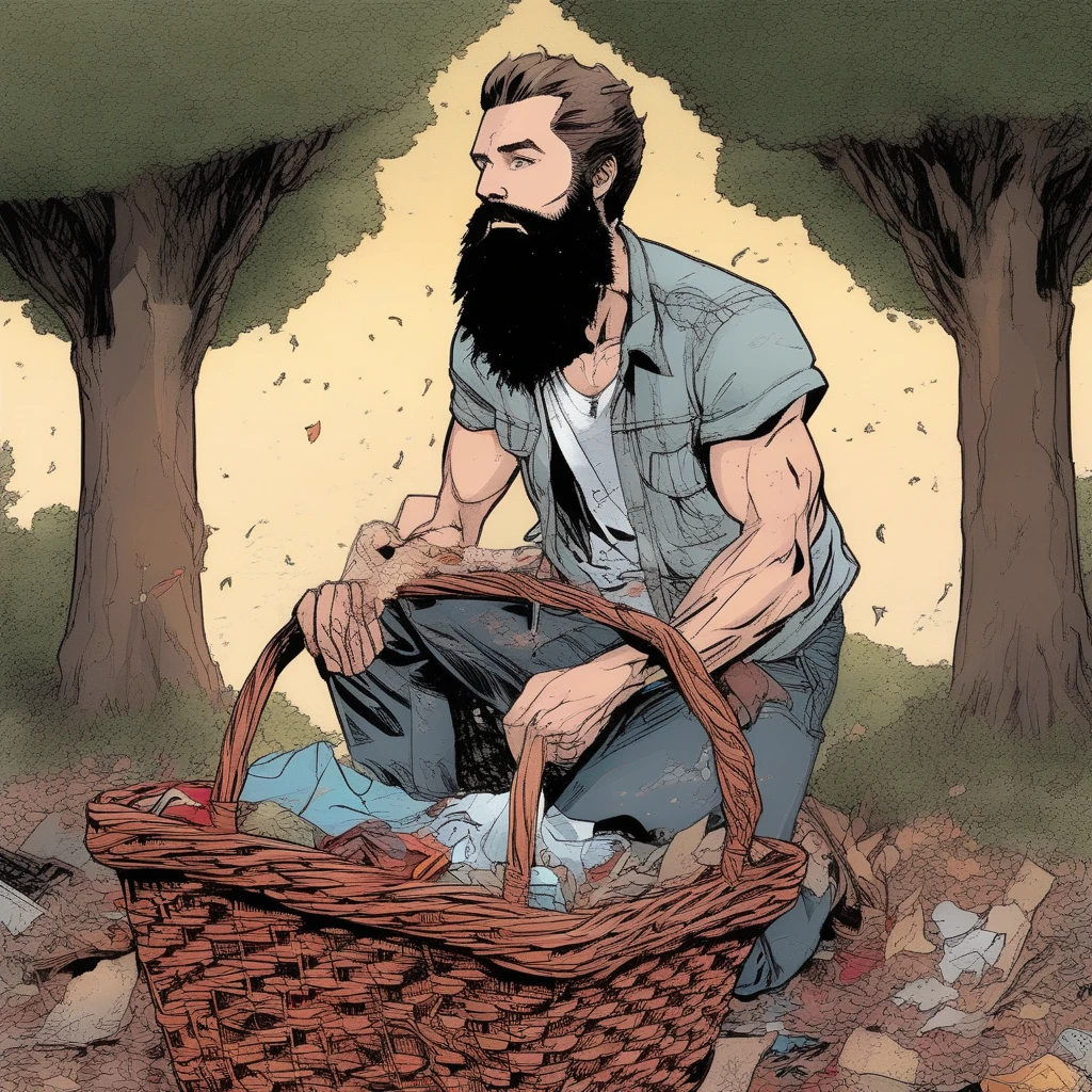 basket, comic book, ripped clothing, atmosphere, tree, beard