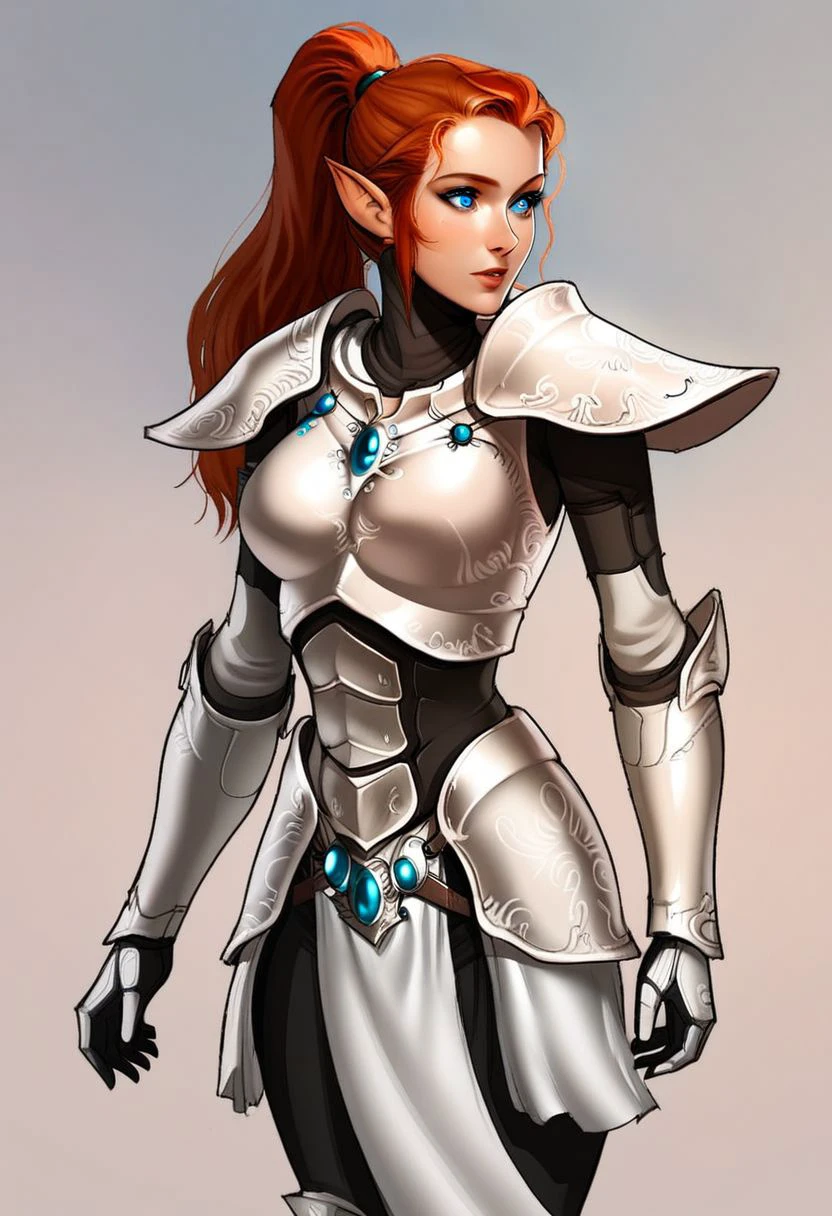 1girl, eldar, redhead, white armor, blue eyes, long hair, ponytail, pointy ears