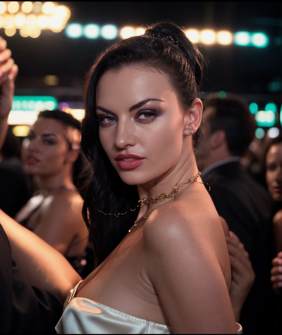 cinematic photo , realistic, , film grain, <lora:quiron_LauraAngel_v3355_Lora:0.77> Laura Angel woman, . 35mm photograph, film, bokeh, professional, 4k, highly detailed, ,realistic,intricate detailed, flash photography, realistic, amazing photo of a pretty woman , , at blurred background crowded nightclub party background,