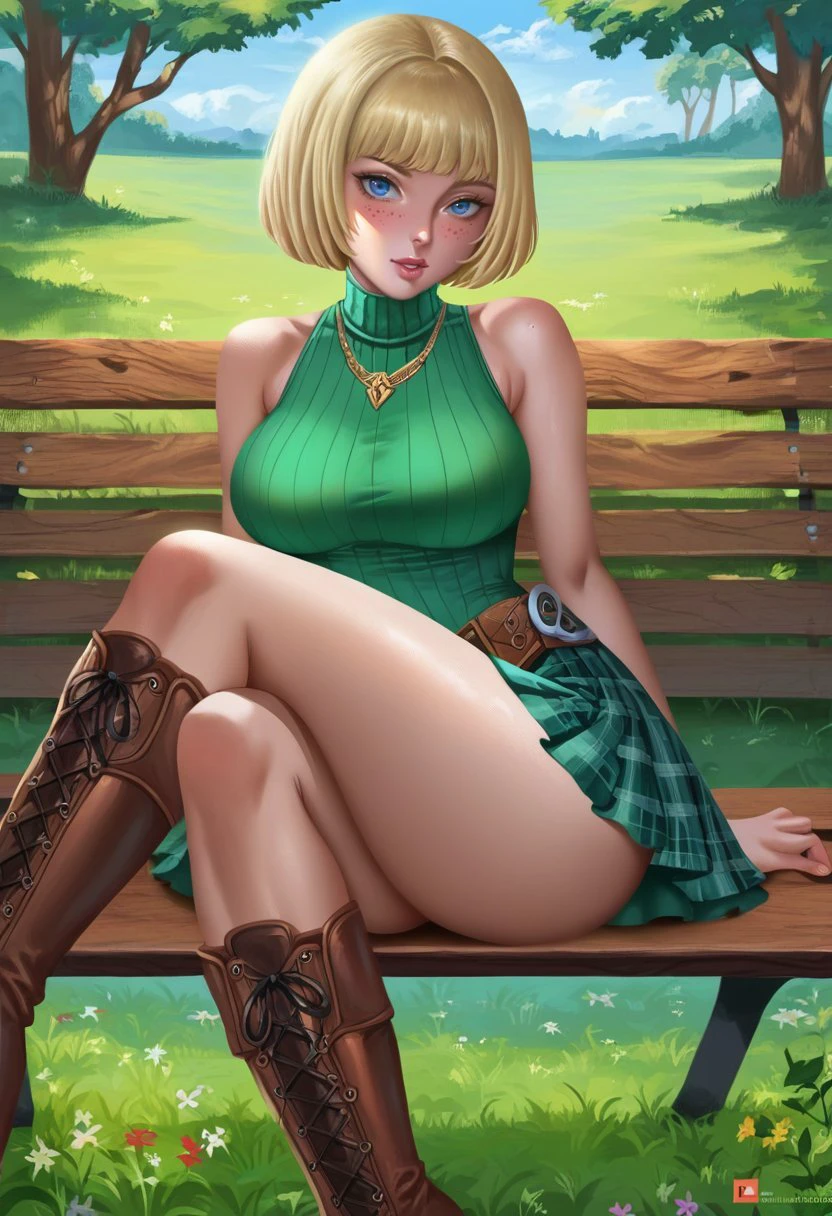2076 year. The Urban Ruins of the Wasteland, Female huntress picking in the garden, beautiful face, blonde, badly torn shirt, long legs, sweating through, sun rising, Nice warm colors, head to toe, full body shot, pretty hands, perfect fingers, Marine blue eyes, Full body, naked, pussy view, trimmed hairy pussy, spread legs, low-shot picture, braided hair, blonde trimmed pussy hair
