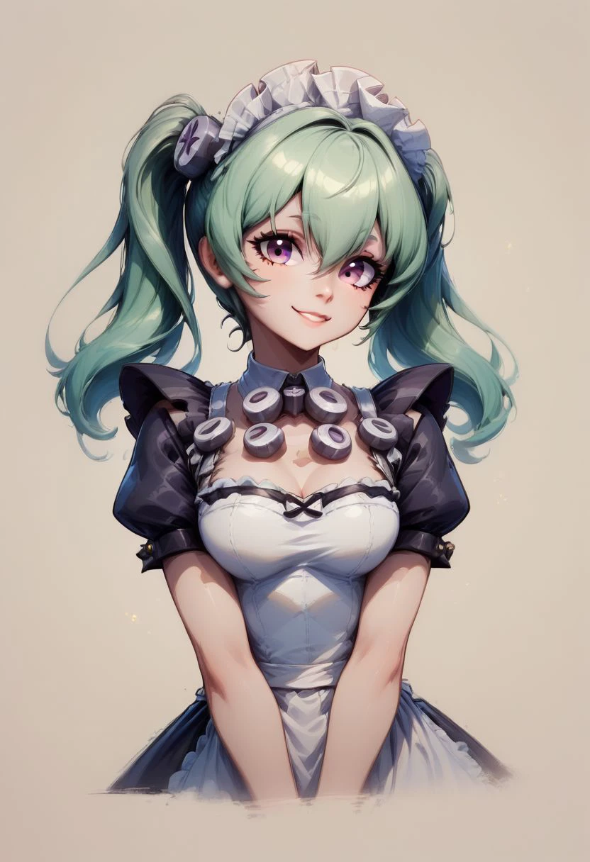 score_9, score_8_up, score_8, big breasts, (curvy), cute, eyelashes, 
Faded Headshot, faded bottom, faded edges
 head tilt, smile
BREAK, 
corin wickes, 1girl, green hair, purple eyes, hair between eyes, twintails, maid headdress, puffy short sleeves, black dress, white apron,
BREAK,,  zPDXL,