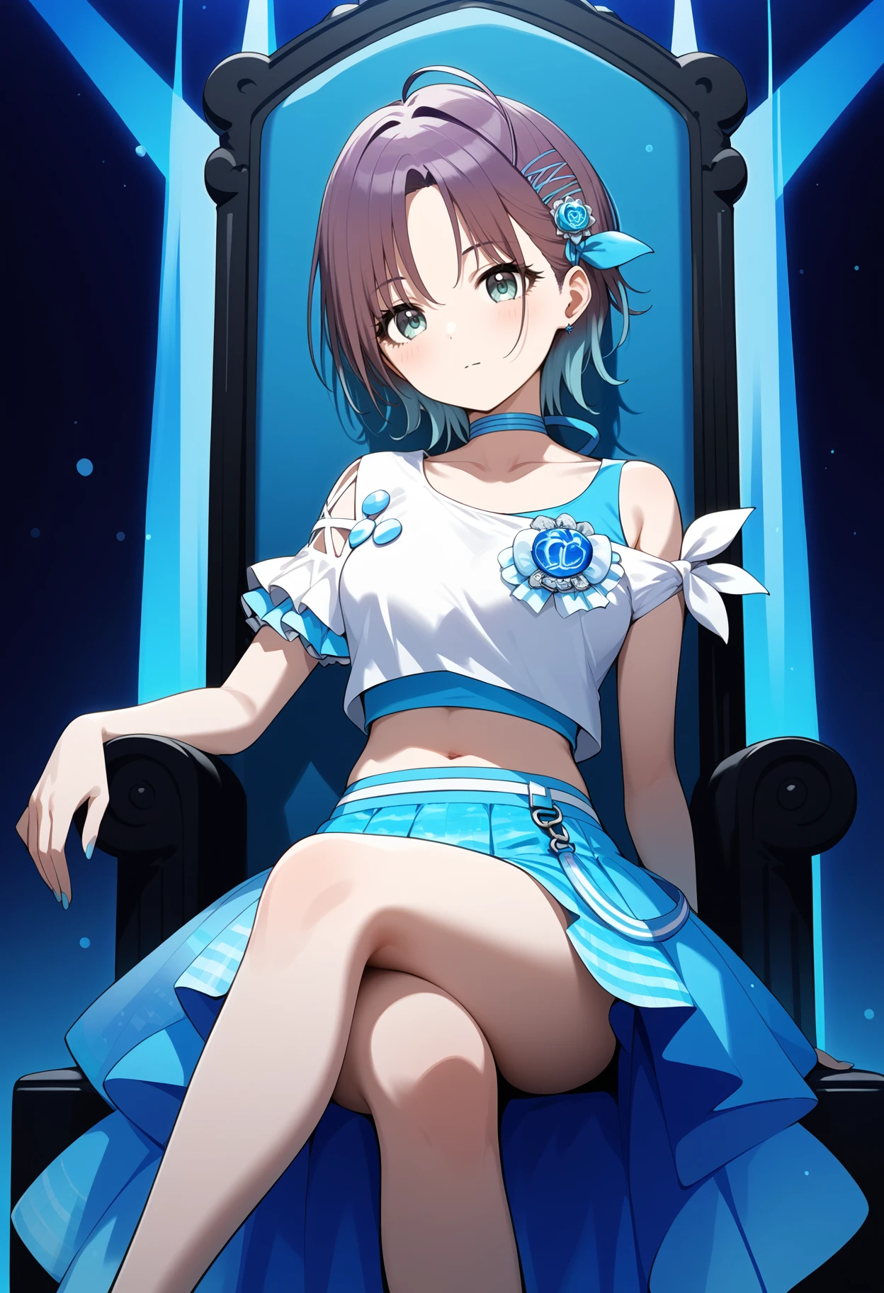 score_9, score_8_up, score_7_up, score_6_up, score_5_up, score_4_up, source_anime, bbtoru, short hair, gradient hair, ahoge, hair ornament, hair ribbon, blue choker, collarbone, idol clothes, white shirt, shoulder cutout, short sleeves, midriff, blue skirt, <lora:asakura_toru_ponyxl_v1:0.9>, throne, sitting, crossed legs,