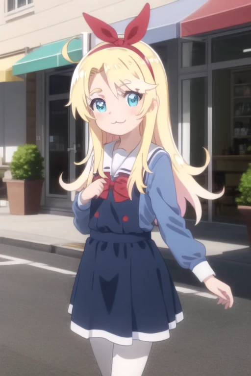 ((masterpiece)),(best quality),official art,extremely delicate and beautiful,extremely detailed CG,unity 8k wallpaper,ultra detailed,beautiful detailed eyes,extremely detailed face,anime coloring,outdoors,1girl,solo,cowboy shot,looking at viewer,facing viewer,smile,(petite:1.5),female child,ahoge,long hair,blonde hair,hair bow,bow hairband,red hairband,thick eyebrows,parted bangs,aqua eyes,:3,school uniform,blue dress,sailor dress,pinafore dress,white sailor collar,white shirt,red bowtie,long sleeves,flat chest,white pantyhose,loafers,<lora:Noa Himesaka(wtm)>,
