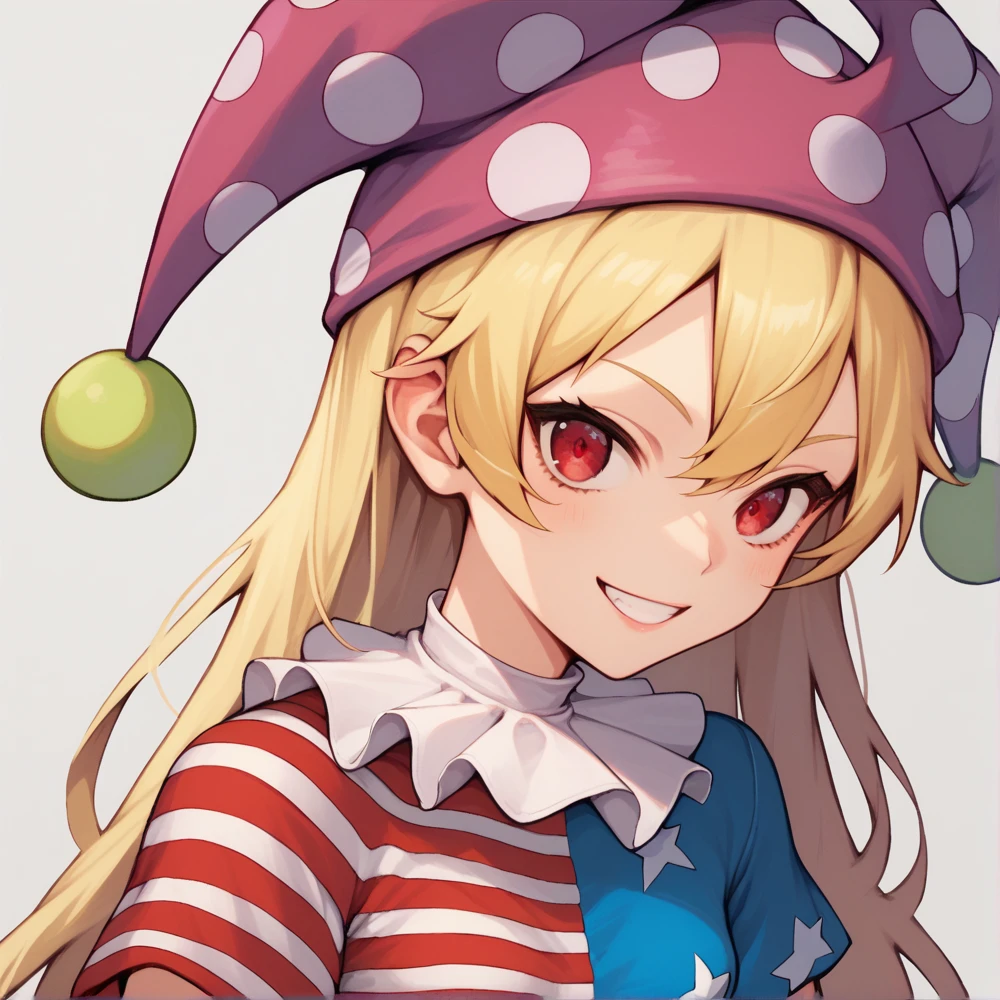 score_9, score_8_up, score_8, score_9, 1 girl, source_anime, <lora:clownpiece_pony-10:1>, jester cap, neck ruff, blonde hair, portrait, american flag dress, clownpiece, red eyes, long hair, small breasts, short sleeves, smile