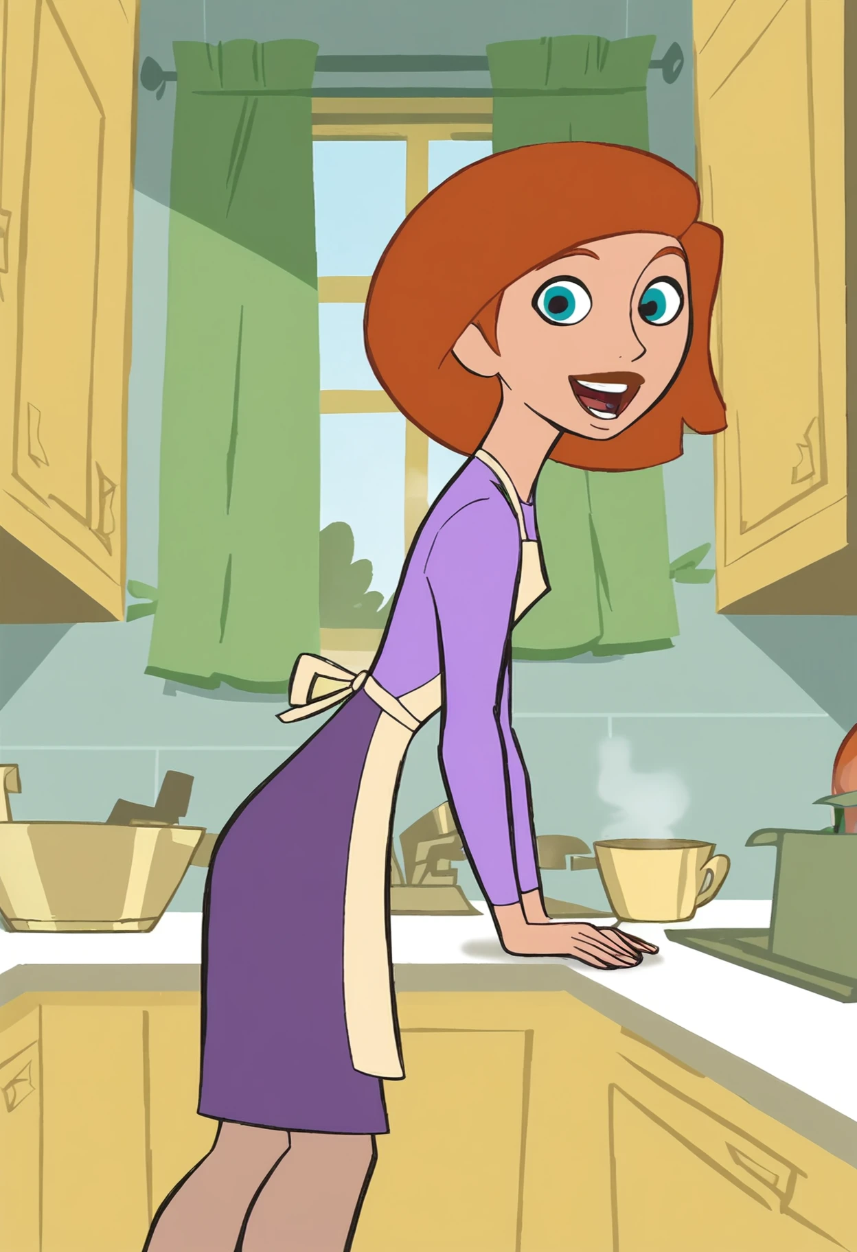 <lora:AnnPossiblePony1.0:1>AnnP, leaning on counter, 1girl, solo, apron, blue eyes, short hair, orange hair, open mouth, purple dress, kitchen, smile, flat color, long sleeves, window, curtains, indoors, pantyhose, purple skirt, score_9, score_8_up, score_7_up, score_6_up, score_5_up, score_4_up, looking at viewer,