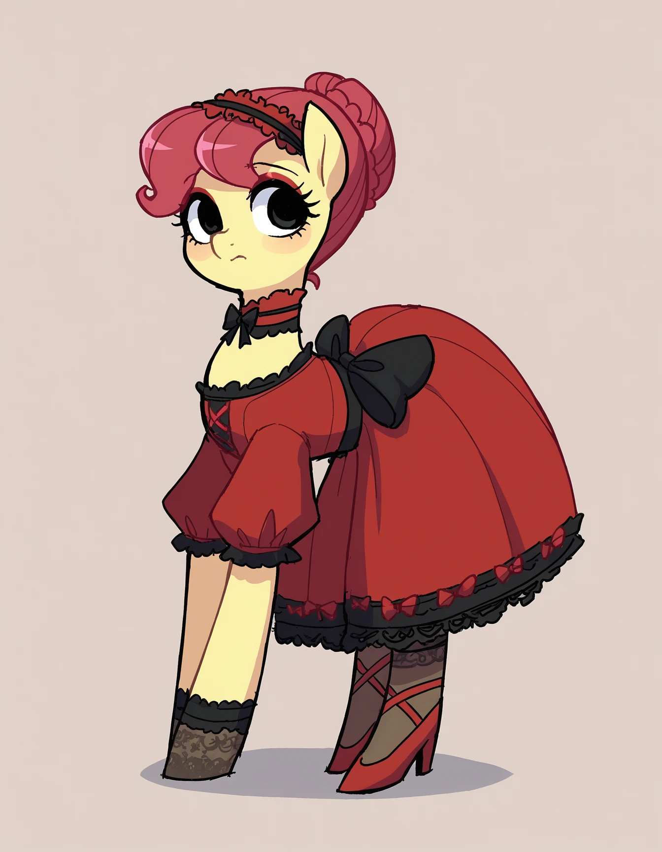 zPDXL, score_9, score_8_up, score_7_up, source_anime, flat color, 
1girl, solo, <lora:StickySweet_v3:1> stkyswt, sketch, black eyes, mlp, pony , mrs. shy \(mlp\), gothic****ta wearing Elegantly dark gothic****ta outfit, red off-shoulder dress with lace trim, lace stockings, velvet heels, lace shawl with scalloped edges,ribbon headband with bow accents,