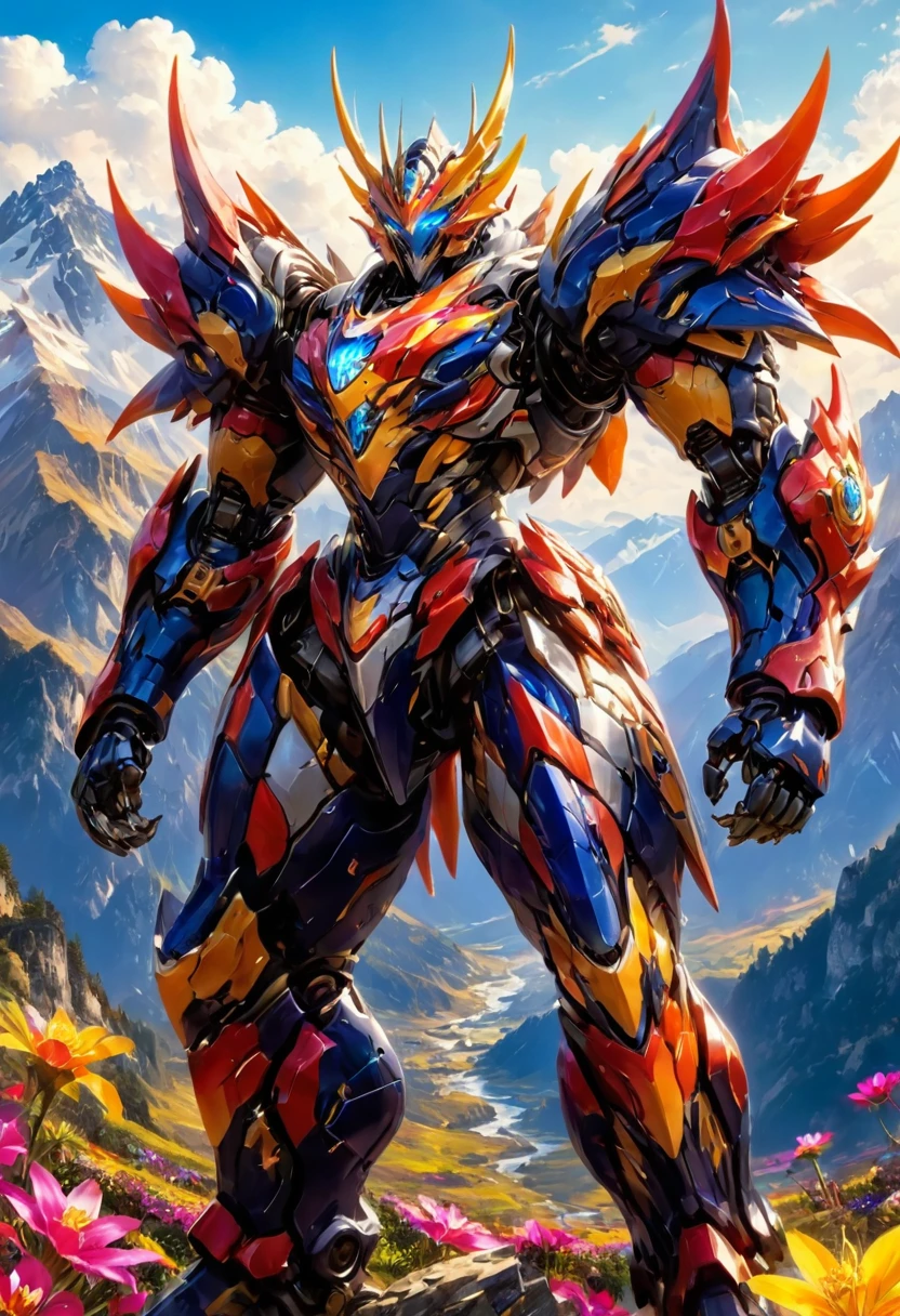 Super realistic,photography,cinematic lighting,A robot wearing heavy armor stood at the top of a mountain,with colorful wildflowers blooming at its feet,the dragon mech had an armor of teeth and claws,the armor was sharp enough to keep people away,highly saturated,brilliant colors,glowing<lora:p19-nijimecha-000006:0.7>,nijimecha,<lora:Hyper-SDXL-8steps-CFG-lora:0.3>,