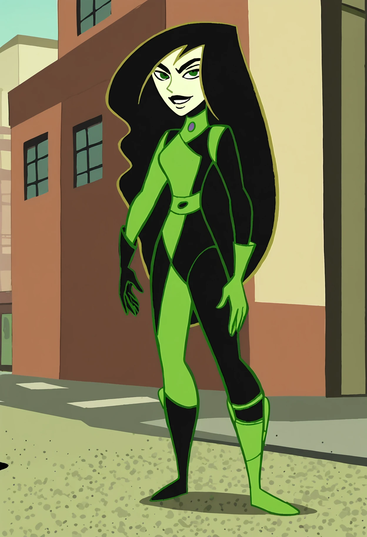 <lora:ShegoPony1.0:1>shego, 1girl, solo, long hair, black lips, black hair, green eyes, green bodysuit, green gloves,smile, very long hair,, score_9, score_8_up, score_7_up, score_6_up, score_5_up, score_4_up, looking at viewer,outdoors, boots, full body,