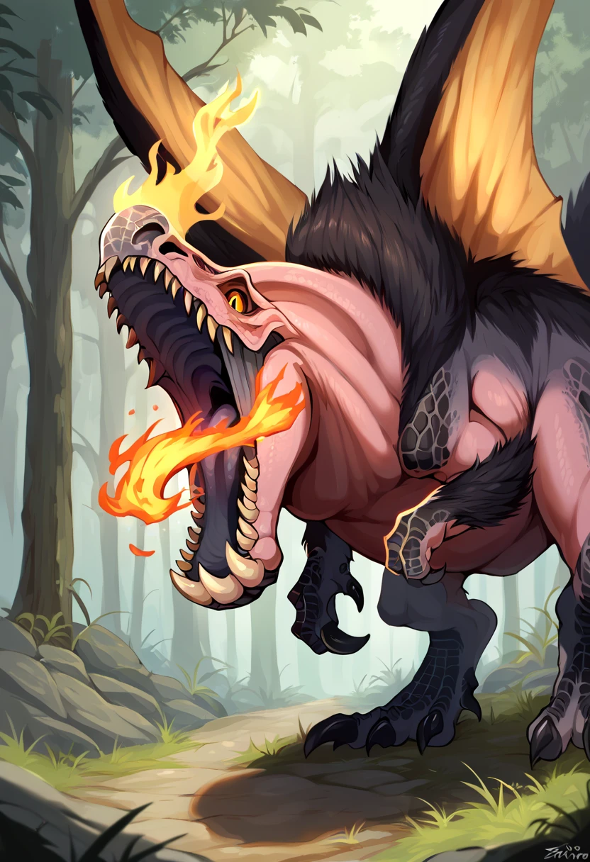 <lora:MH_Anjanath_a1_7_PonyXL_spnckpt1_th-1.4>,<lora:BG2_dpep4+silicon29dim64:1>,<lora:PDXL_artist_tags_v2_big:0.8>,score_9,score_8_up,score_7_up,source_furry,anjanath,feral,by zackary911,by syuro,by dagasi,by hanuvo,solo,hi res,detailed background,forest,
looking at viewer,extreme detail,dynamic lighting,cinematic lighting,yellow eyes,no sclera,three-quarter view,open mouth,raised tail,glowing mouth,fire breath,wings,tiny arms,