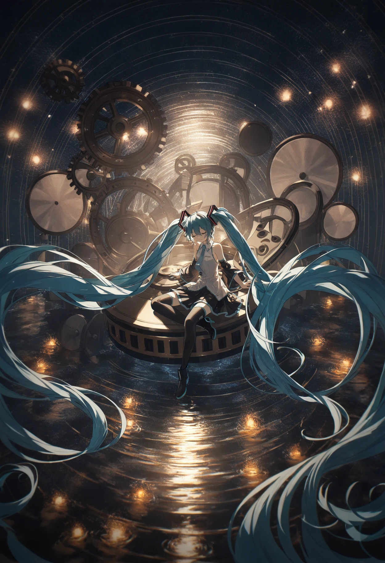 <lora:kika:0.8>, an anime style painting of a 1girl in the middle of a circle with lots of lights and water in the background, amazing quality, 1girl, hatsune miku, long hair, solo, twintails, very long hair, skirt, instrument, detached sleeves, thighhighs, sitting, closed eyes, gears, necktie, shirt, black skirt, sleeveless, piano keys, boots, music