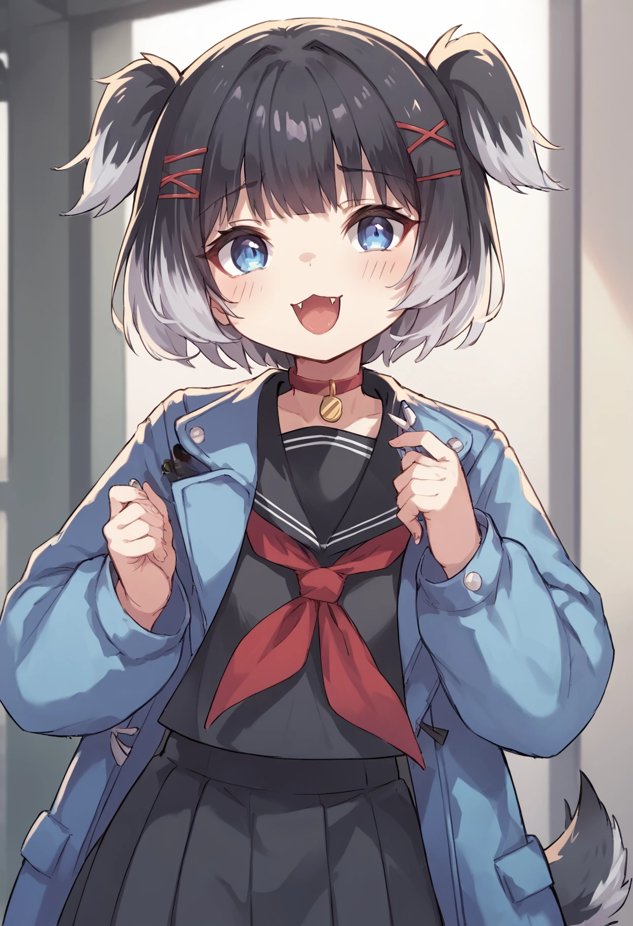 score_9, score_8_up, score_7_up, score_6_up, source_anime, <lora:djmaxsen-10:0.7> 1girl, sen(djmax), hair ornament, black hair, hairclip, short hair, blue eyes, two side up, blue coat, black serafuku, red neckerchief, black skirt, dog tail, <lora:mesugaki_Pony_v1:1> mesugaki, fangs,
