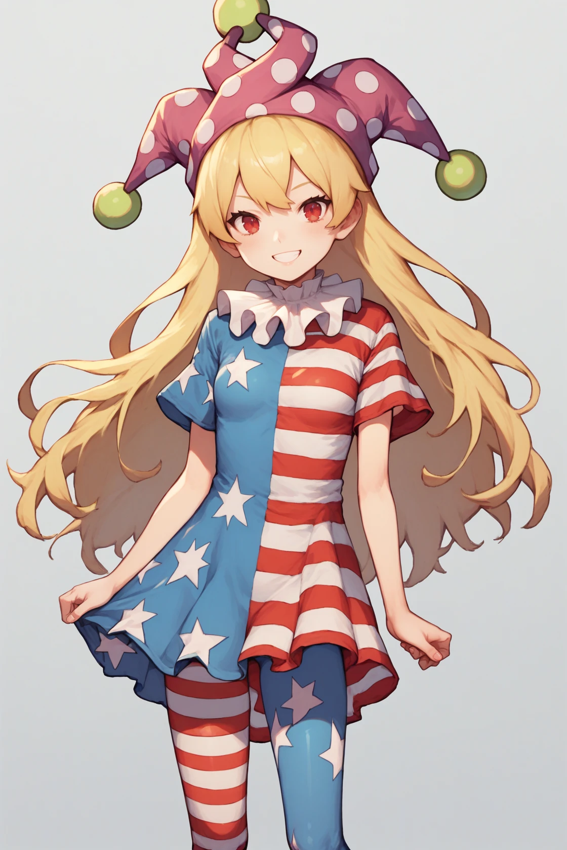 score_9, score_8_up, score_8, score_9, 1 girl, source_anime, <lora:clownpiece_pony-10:1>, jester cap, neck ruff, blonde hair, american flag legwear, american flag dress, clownpiece, dress, leggings, red eyes, long hair, small breasts, short sleeves, smile