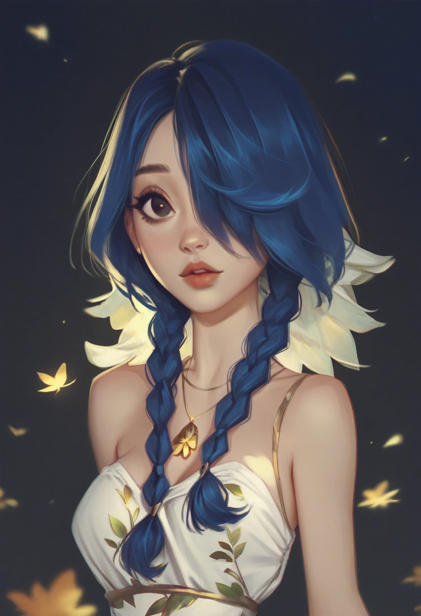 <lora:mgxt:1> score_9, score_8_up, score_7_up, mgxt, 1girl, solo, portrait, black eyes, eyelashes, hair covering one eye, twin braids hair, blue hair, slim waist, golden leaf pendant jewelry, BREAK white summer dress,