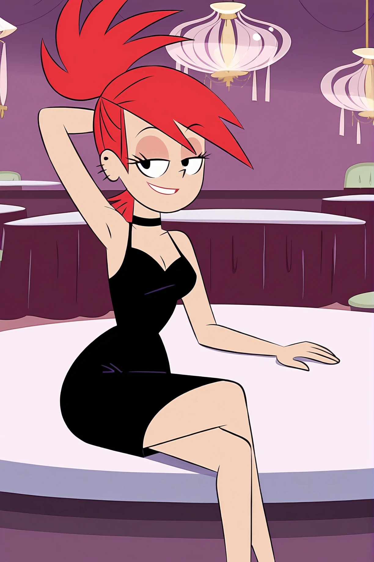 FrankieFoster, posing, solo, expensive restaurant, chandelier, black dress, crossed legs, smug, beautiful, arm up, head tilt, on chair, <lora:FrankieFosterCartoonXL-10:0.8>