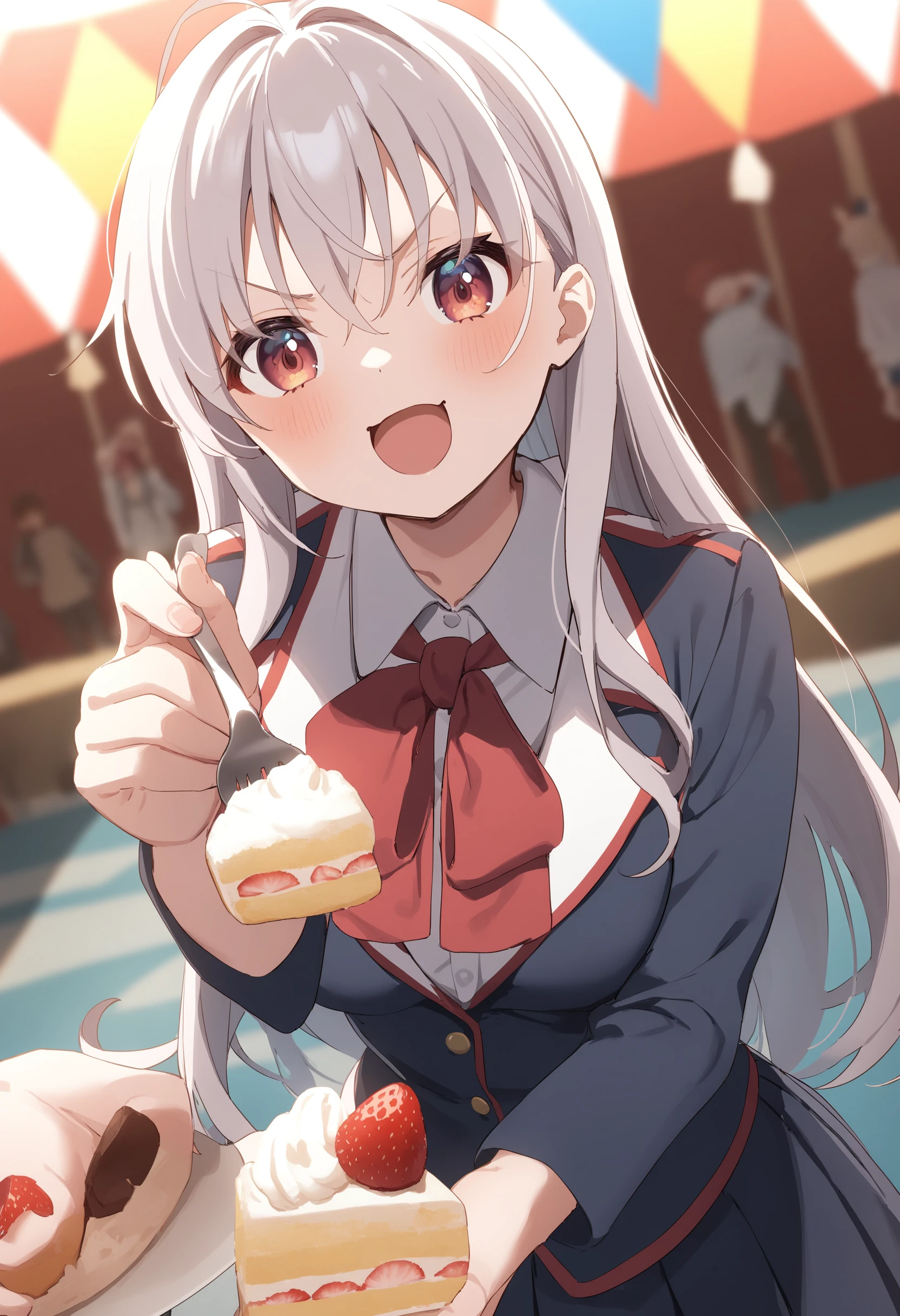 1girl,sincos, ningen mame, toosaka asagi,solo,medium breasts,school uniform,
feeding, food, open mouth, incoming food, looking at viewer, holding fork, cake,<lora:feeding_XL_v1:0.9>
from behind, cinematic angle, silver hair, brown eyes,angry, circus, single hair,,
best quality, very aesthetic, absurdres