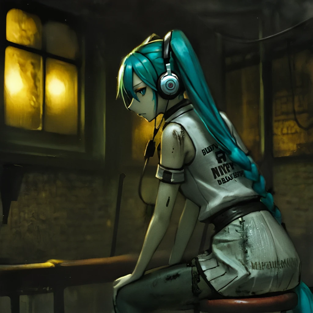 Half-Life 2 beta, HL2 concept art, dark and gritty, (((hatsune miku))), ((portrait of beautiful 19th century lady, dirty, filthy, stained skin, stained clothes, despondent, closeup of face, neck and back, seen from the side, anime girl with long cyan pigtails, wearing headphones, sitting on a red leather bar stool)), in a dreary and depressing nightclub, moderate grayscale and sepia tones, decadent nightclub, brick walls, (multi-panelled windows, industrial windows), ((city 17, extremely dark, grey-green sky visible under dark clouds outside window, interior lit by yellow spotlights)), smokestacks visible outside window, nova prospekt, ((best lighting, best shadows, two-tone colour scheme, dramatic lighting, gorgeous landscape, extremely high detail, biblical painting))