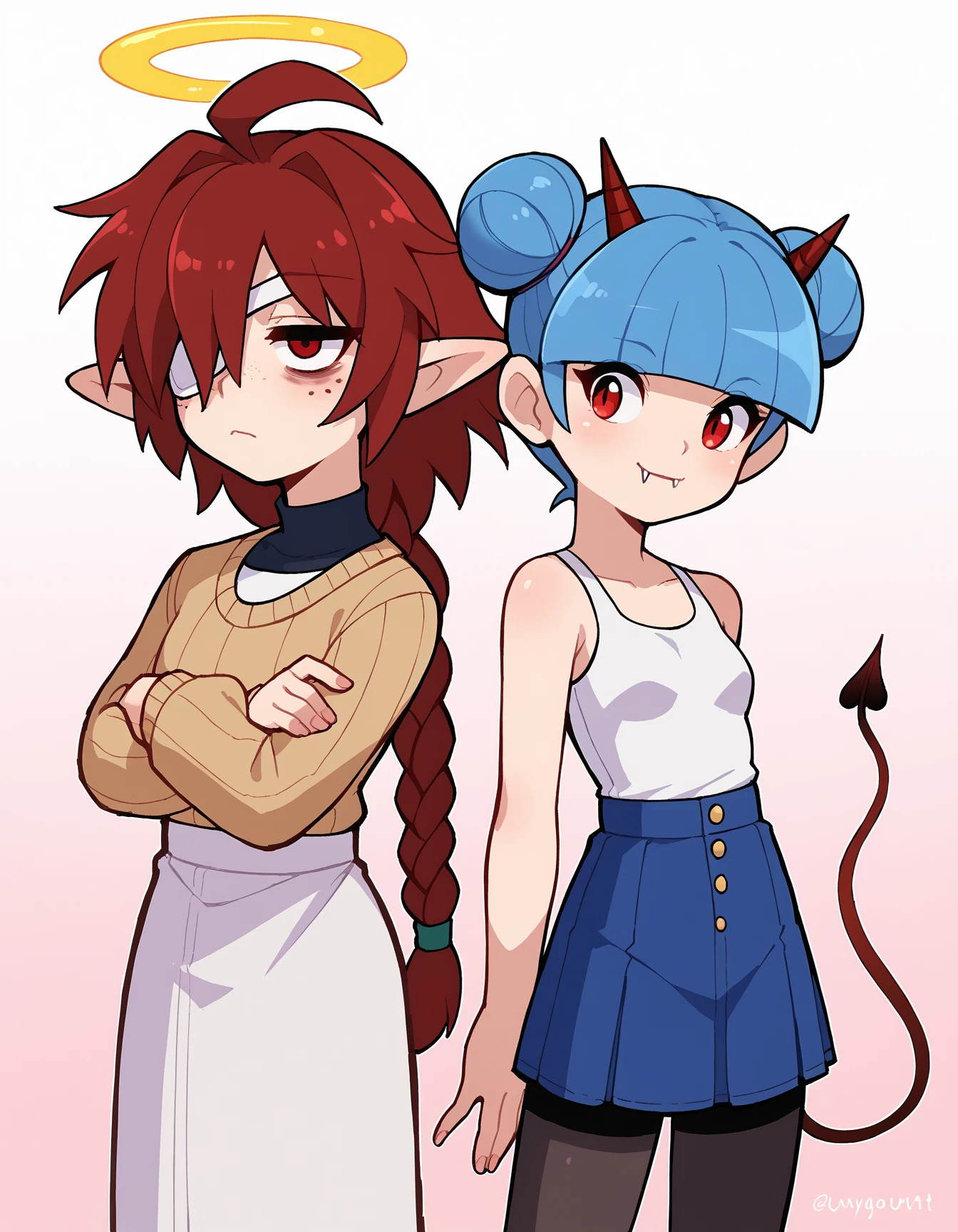 zPDXL, score_9, score_8_up, score_7_up, source_anime, flat color, 2girls, stkyswt, sketch, back-to-back, <lora:BackToBack_XLPD:0.8>, <lora:StickySweet_v3:1>, <lora:Nullantwins:0.8>, (Lynn, red hair, red eyes, (hair over one eye), braided ponytail, halo, freckles, bags under eyes, jitome, ahoge, pointed ears, flat chest, eyepatch), sweater, long skirt, white pantyhose, portrait,
zPDXL, score_9, score_8_up, score_7_up, source_anime, flat color, 2girls, stkyswt, sketch, back-to-back, (Zhuu, blue hair, red eyes, pointed ears, red horns, horns, demon tail, small breasts, fangs out, double bun, short hair, blunt bangs), tank top, (skirt), black pantyhose, portrait,