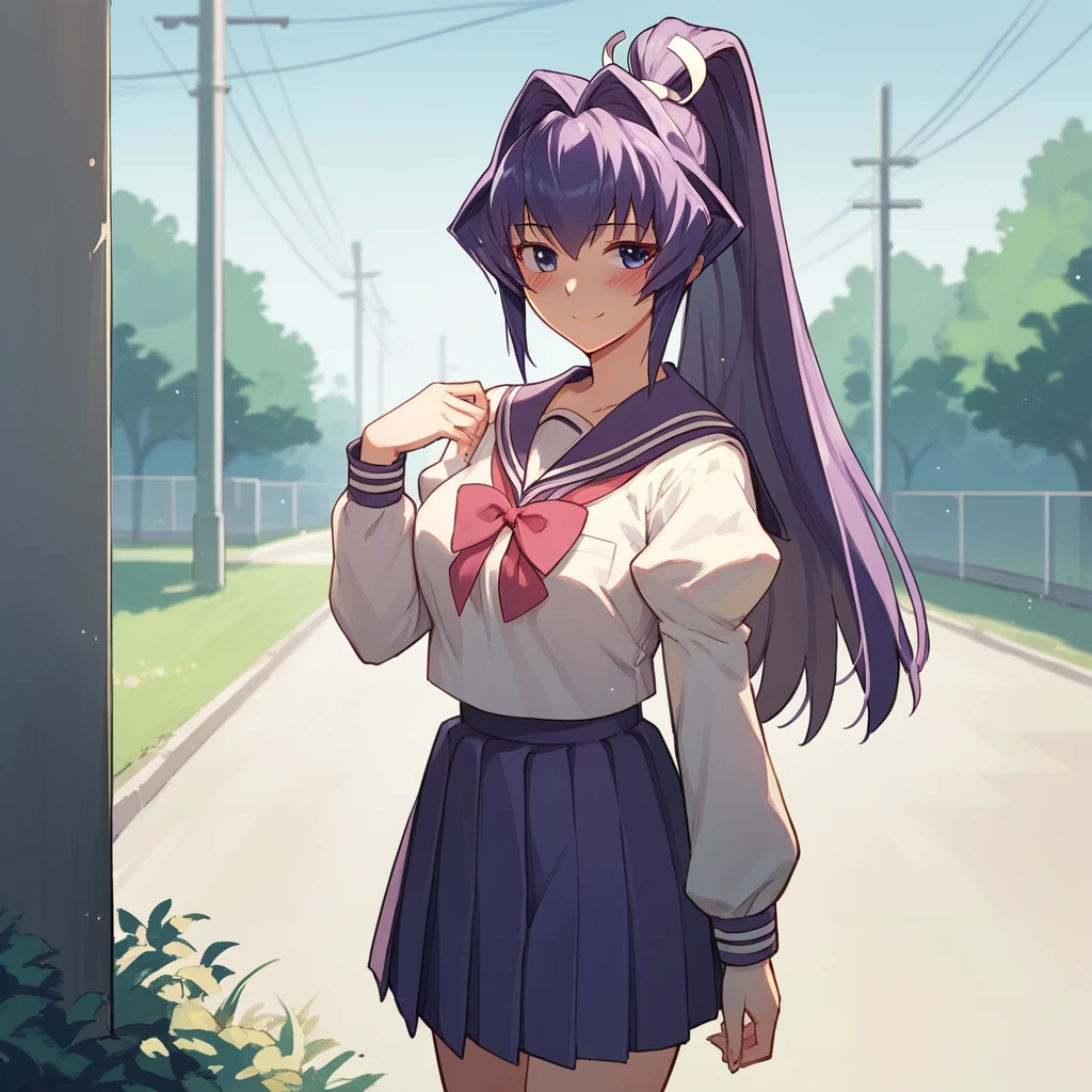 score_10, score_9, score_8_up, score_7_up, source_anime, BREAK, 1girl, Meiya, smile, blush, school uniform, outside, sunny day, purple Juliet sleeves