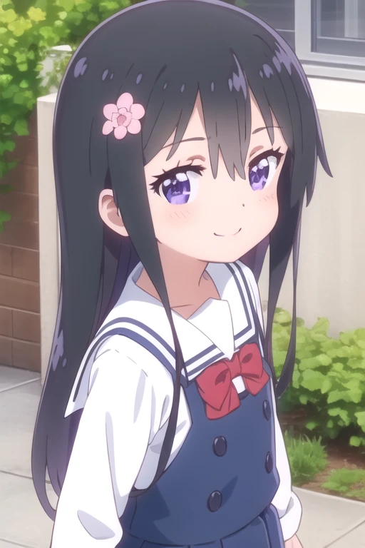 ((masterpiece)),(best quality),official art,extremely delicate and beautiful,extremely detailed CG,unity 8k wallpaper,ultra detailed,beautiful detailed eyes,extremely detailed face,anime coloring,outdoors,1girl,solo,upper body,(portrait:1.5),looking at viewer,facing viewer,smile,(petite:1.5),female child,long hair,black hair,hair ornament,hair flower,pink flower,hair between eyes,bangs,purple eyes,school uniform,blue dress,sailor dress,pinafore dress,white sailor collar,white shirt,red bowtie,long sleeves,flat chest,white pantyhose,loafers,<lora:Hana Shirosaki(wtm)>,